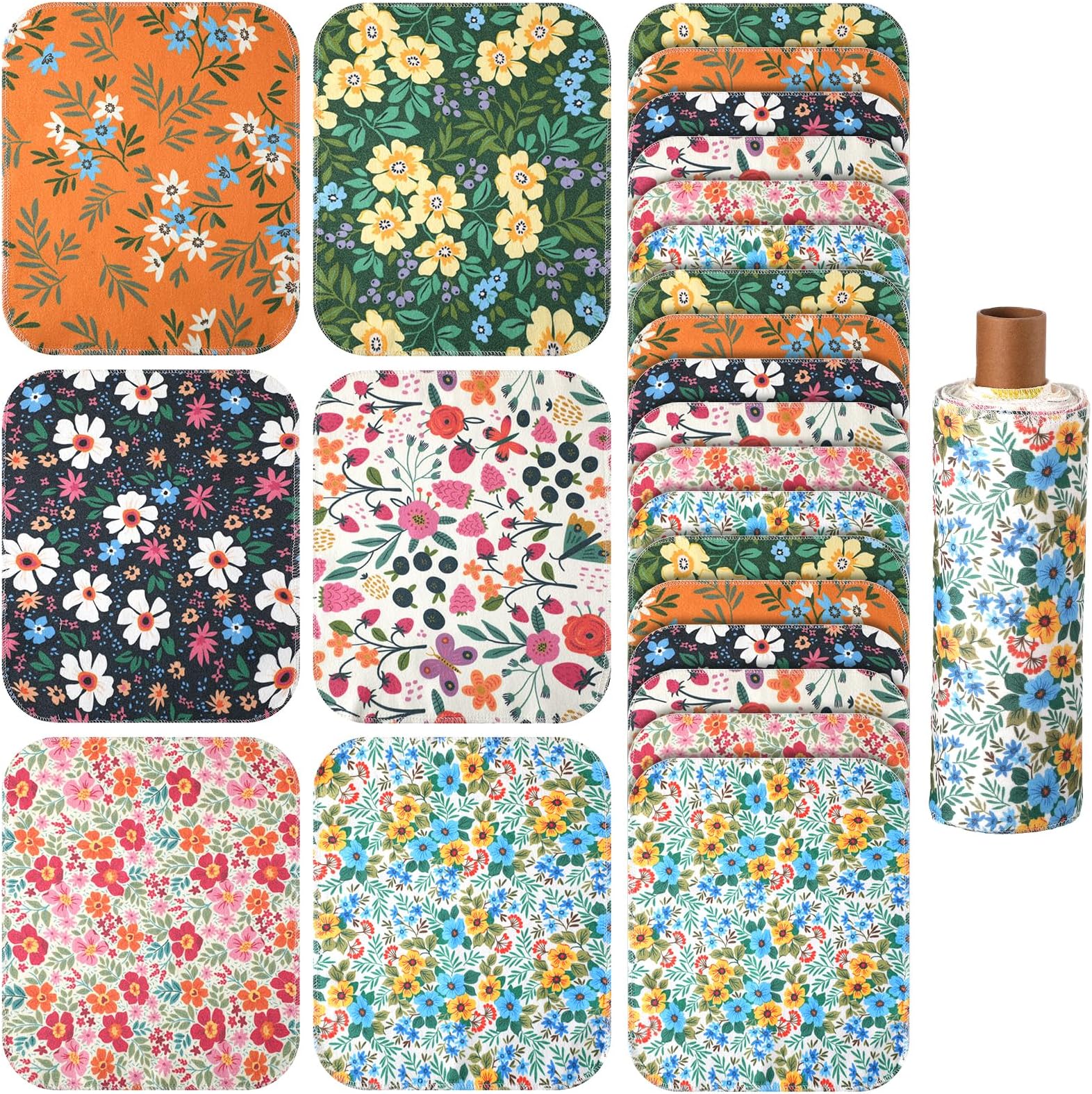 Redbaker 30 Pcs Reusable Paper Towels with Cardboard Roll 10x12 Inch Reusable Cloth Paper Towels for Kitchen Washable Napkins Fit on All Holders Towel Roll for Home Household Kitchen Cleaning (Floral)