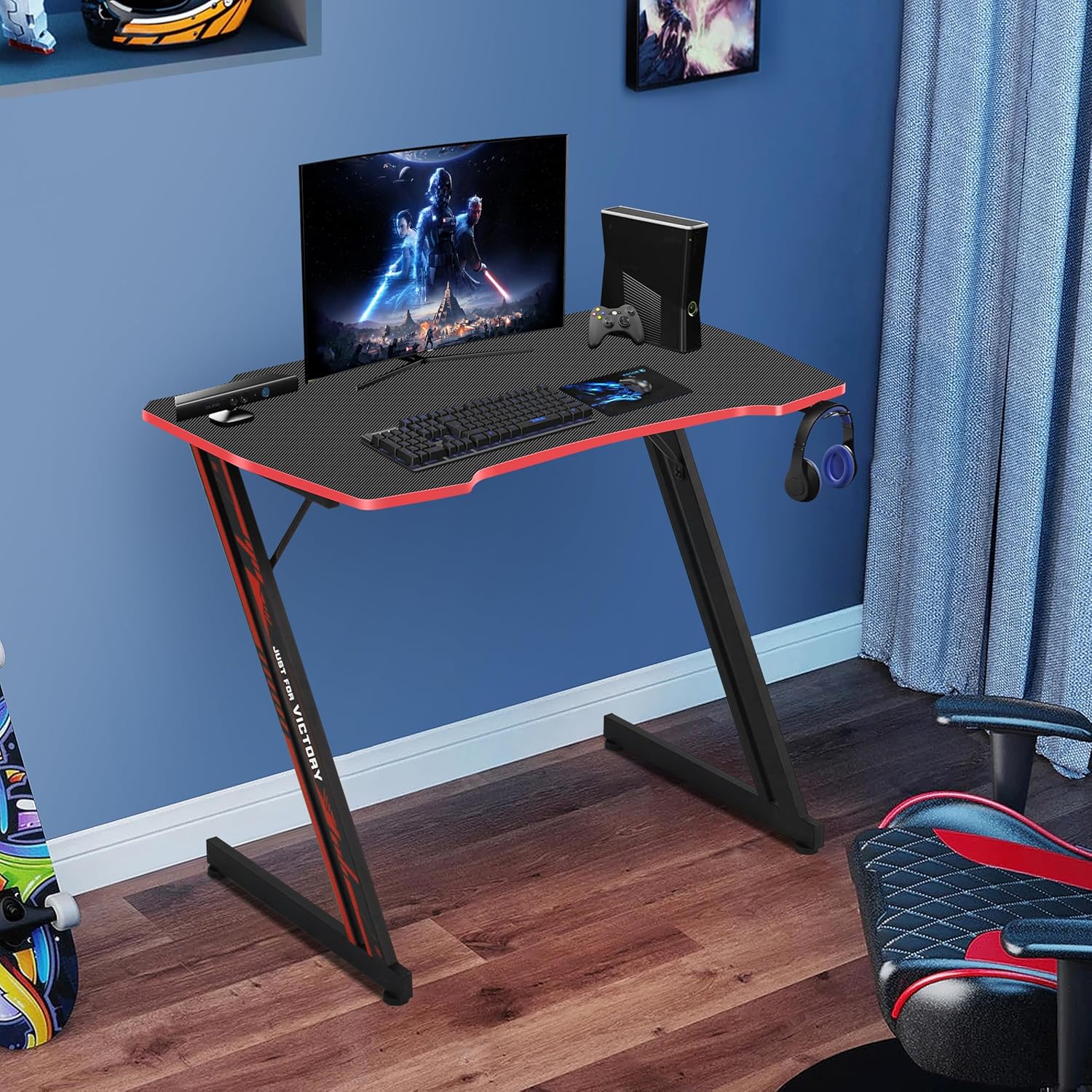 39 Inch Gaming Desk Z-Shaped Computer Gaming Workstation with Headset Hook Home Office Desk, Ergonomic Cheap Gaming Desk and Small Computer Table with Footbed, MDF Desktop and Metal Frame, Red…