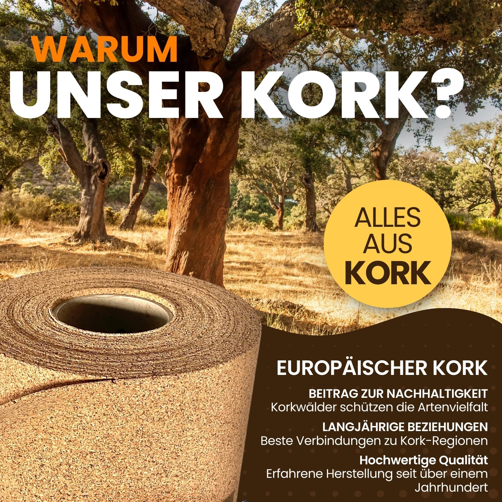 Trittschalldämmung 15x1m 2mm stark I natürliche Dämmunterlage I Rollenkork für Parkett & Laminat I Trittschallreduktion aus nachwachsendem Korkmaterial I Umweltfreundliche Trittschalldämmung