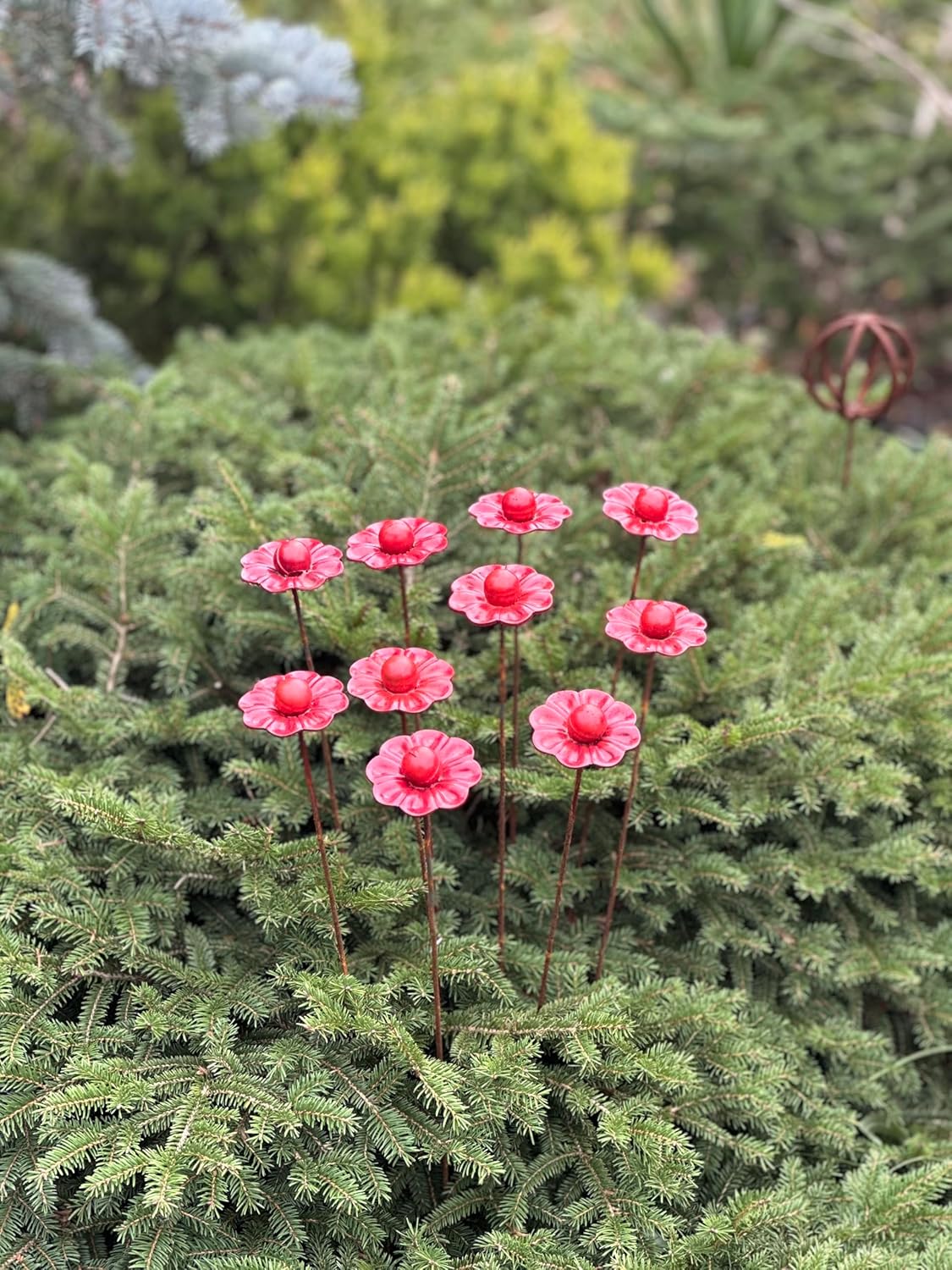 Set of 10 Colorful Metal Flower Stakes – Handmade Garden Sculptures for Vibrant Outdoor and Backyard Decor