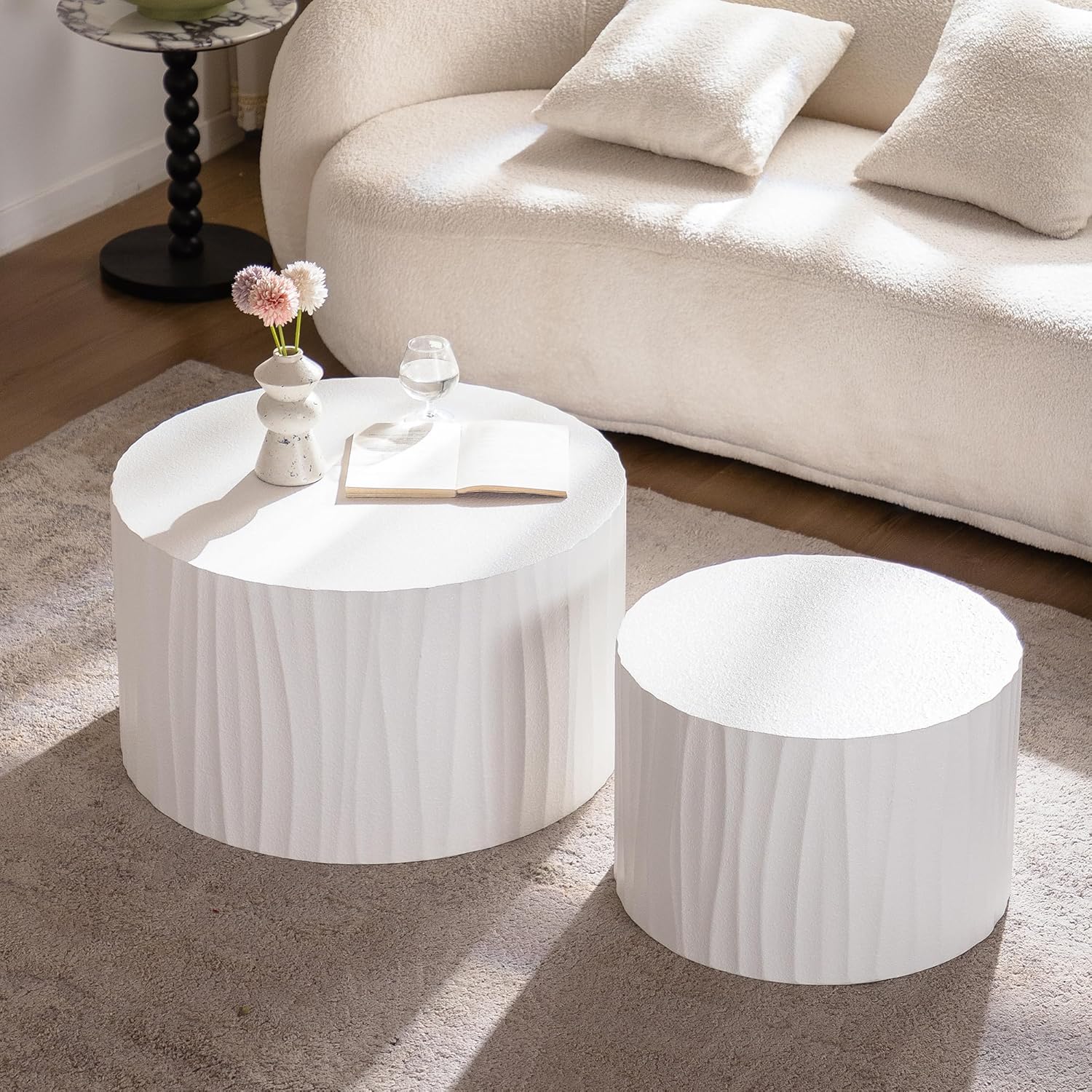 kevinplus Round Nesting Coffee Table Set of 2, Modern Wood Circle Side End Table for Living Room, No Assembly (46.45in, White)
