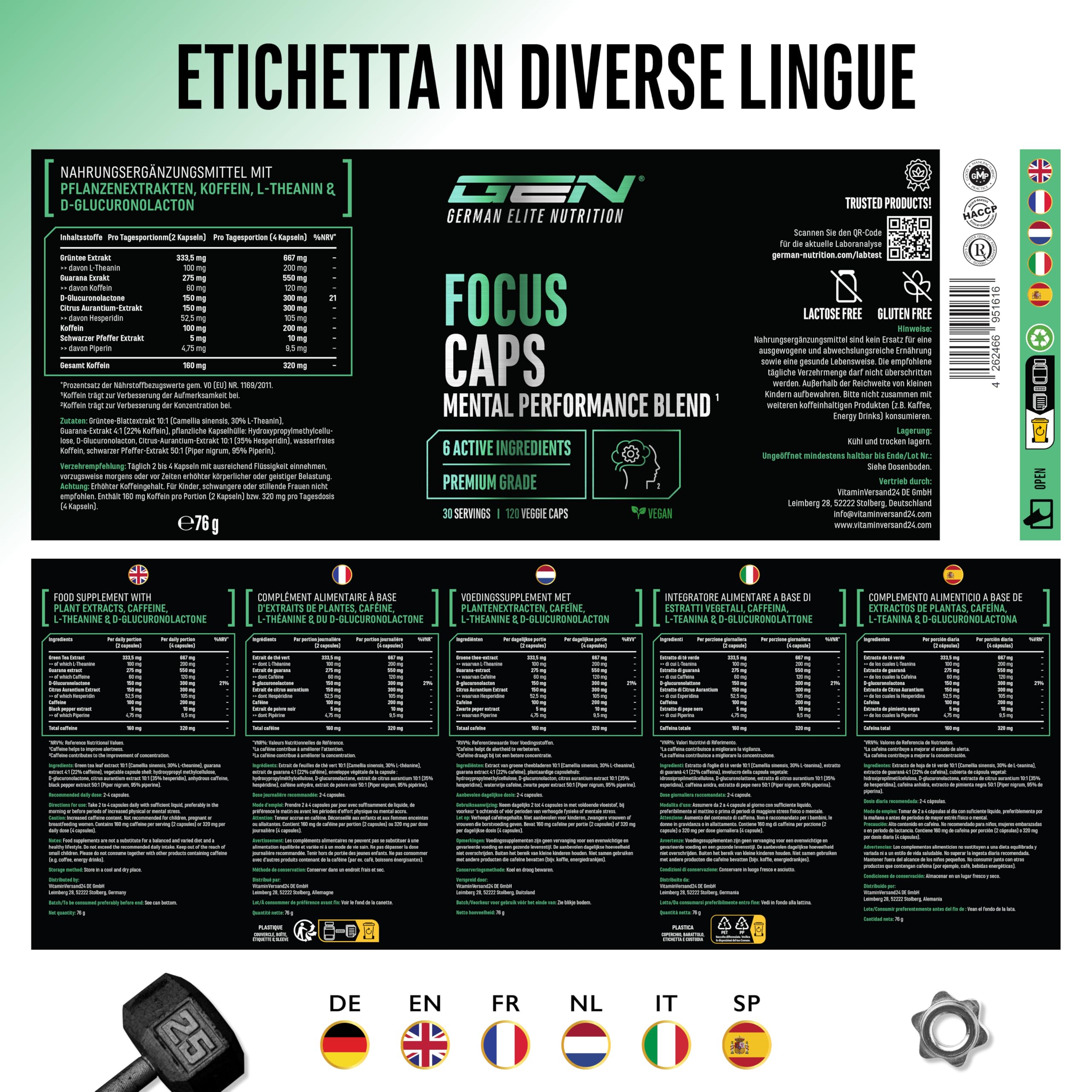 Focus Caps - 120 capsule - Miscela per le prestazioni mentali con L-Teanina, Tè verde, Guaranà, estratto di Citrus Aurantium, Caffeina, D-Glucuronolattone - ad alto dosaggio, vegan