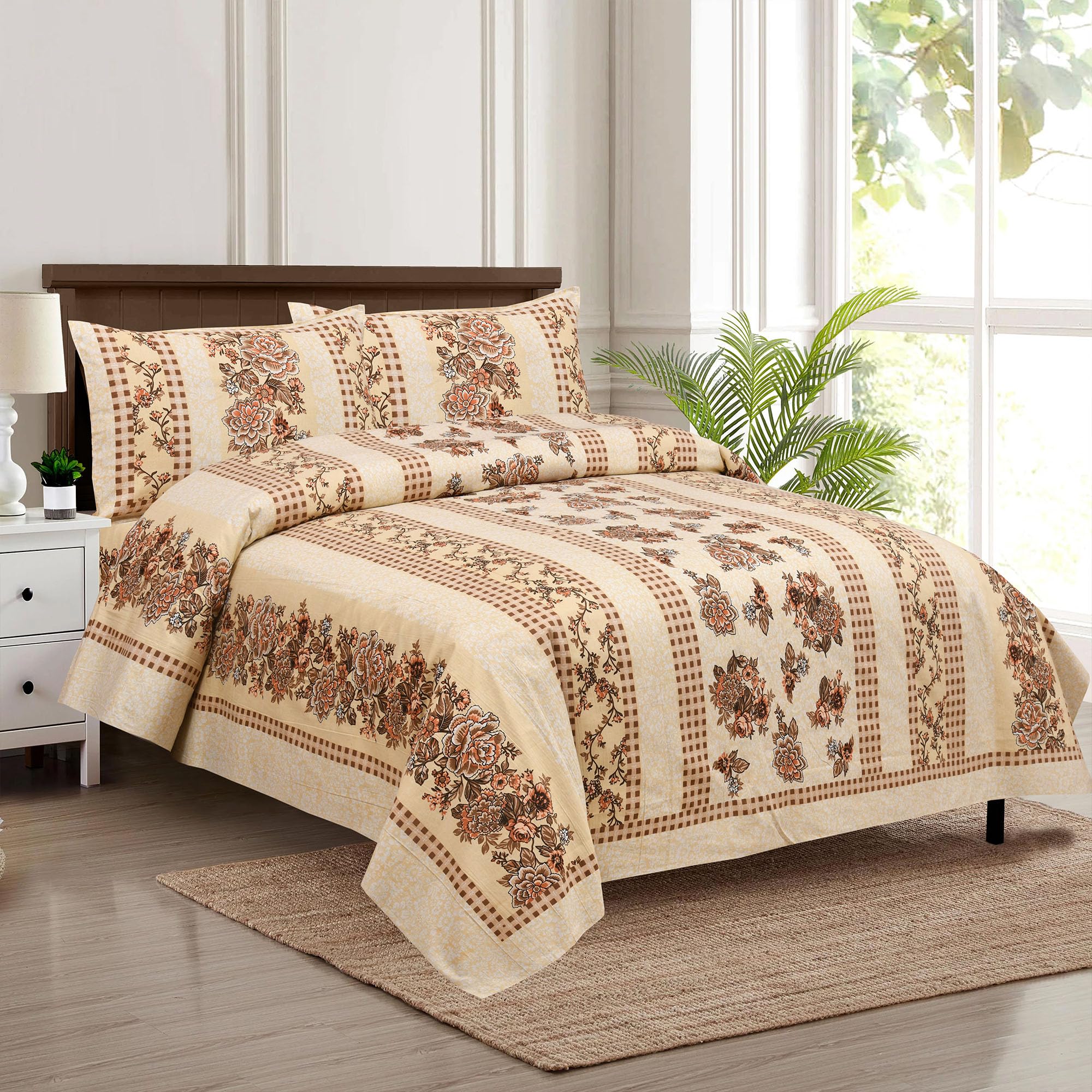 Kuber Industries Double Bedsheet with 2 Pillow Covers | 160 TC Premium Cotton Bedsheet for Double Bed | Bedsheet for Living Room-Home & Hotels | Spain Flower Lining | 100x108 Inch | Cream (B0CV3NM4Z7) Amazon Price History, Amazon Price Tracker