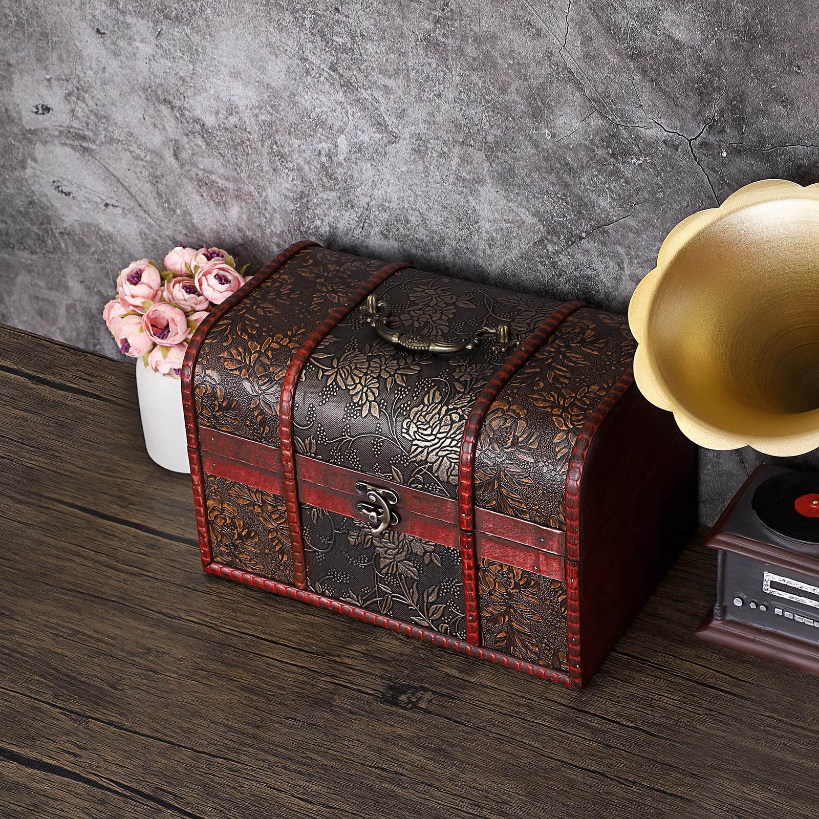 Coffret au trésor en bois - Malle au trésor avec fermeture métallique vintage - Boîte de rangement coffret à bijoux - Cadeau pour mariage, Noël et Anniversaire (25 x 17 x 16cm)