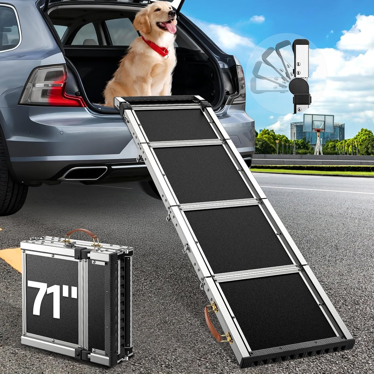 71" Aluminum Alloy Dog Ramp for Car SUV Truck Side Door, Foldable Outdoor Pet Ramp with Heavy Duty Steel Hinges, Non-Slip Traction Surface, Sturdy Ramp for Large Dogs Up to 200 LBS (5 Folded)