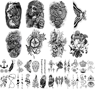 Yazhiji 32 Sheets Temporary Tattoos Stickers, 8 Sheets Fake Body Arm Chest Shoulder Tattoos for Men Women with 24 Sheets Tiny Black Temporary Tattoos