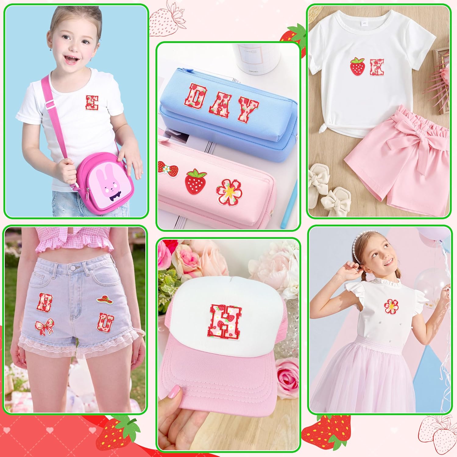 Letter Patches Self-Adhesive for Girls Backpack: Kingsow 64Pcs Strawberry Patch Stickers A-Z Alphabet Applique - Preppy Cute Fabric Letters Patches Stick on Clothing Hats Bags DIY Crafts
