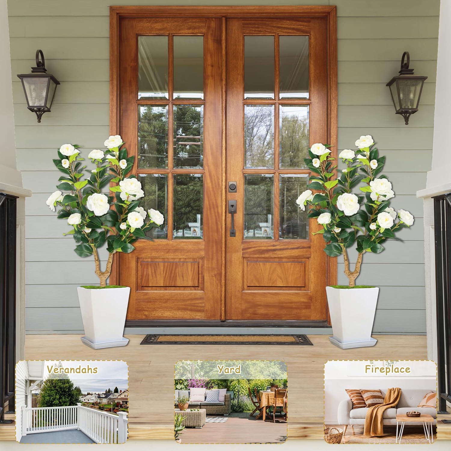 Sunnyglade 2 Packs 35.5" Artificial Camellia Tree, Faux White Camellia Flowers Plant with Spike, Fake Greenery Tree for Spring Home Front Door Outdoor Indoor Decoration (White)