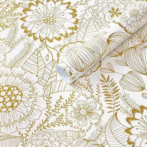 CiCiwind Papel tapiz floral dorado para despegar y pegar, papel de pared vintage blanco y dorado, papel adhesivo extraíble, autoadhesivo, ecológico,
