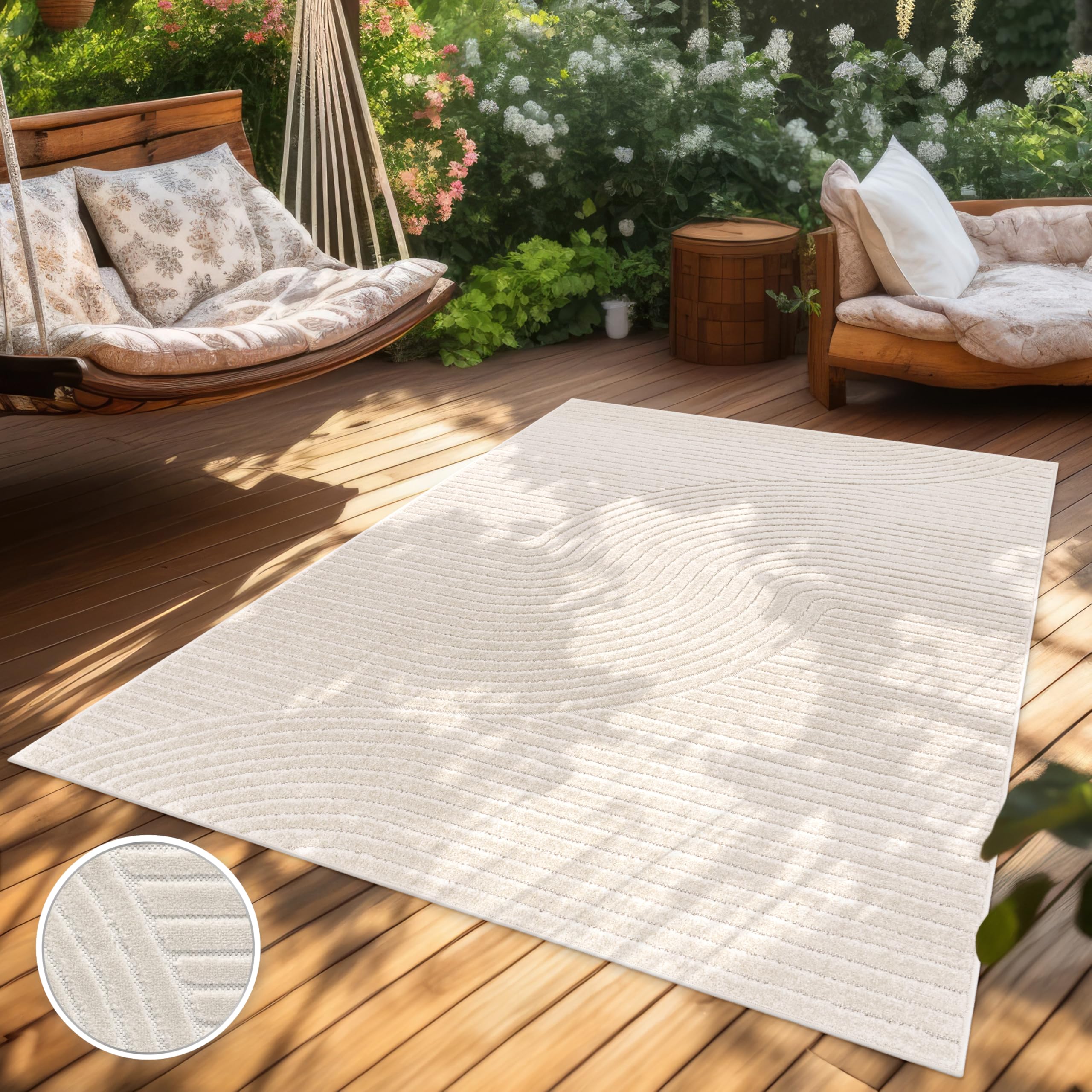 Paco Home Alfombra Salon De Habitacion Cocina Exterior Terraza Jardin Motivo Nordica Motivo Boho Chic Lisa, tamaño:80x150 cm, Color:Crema 2