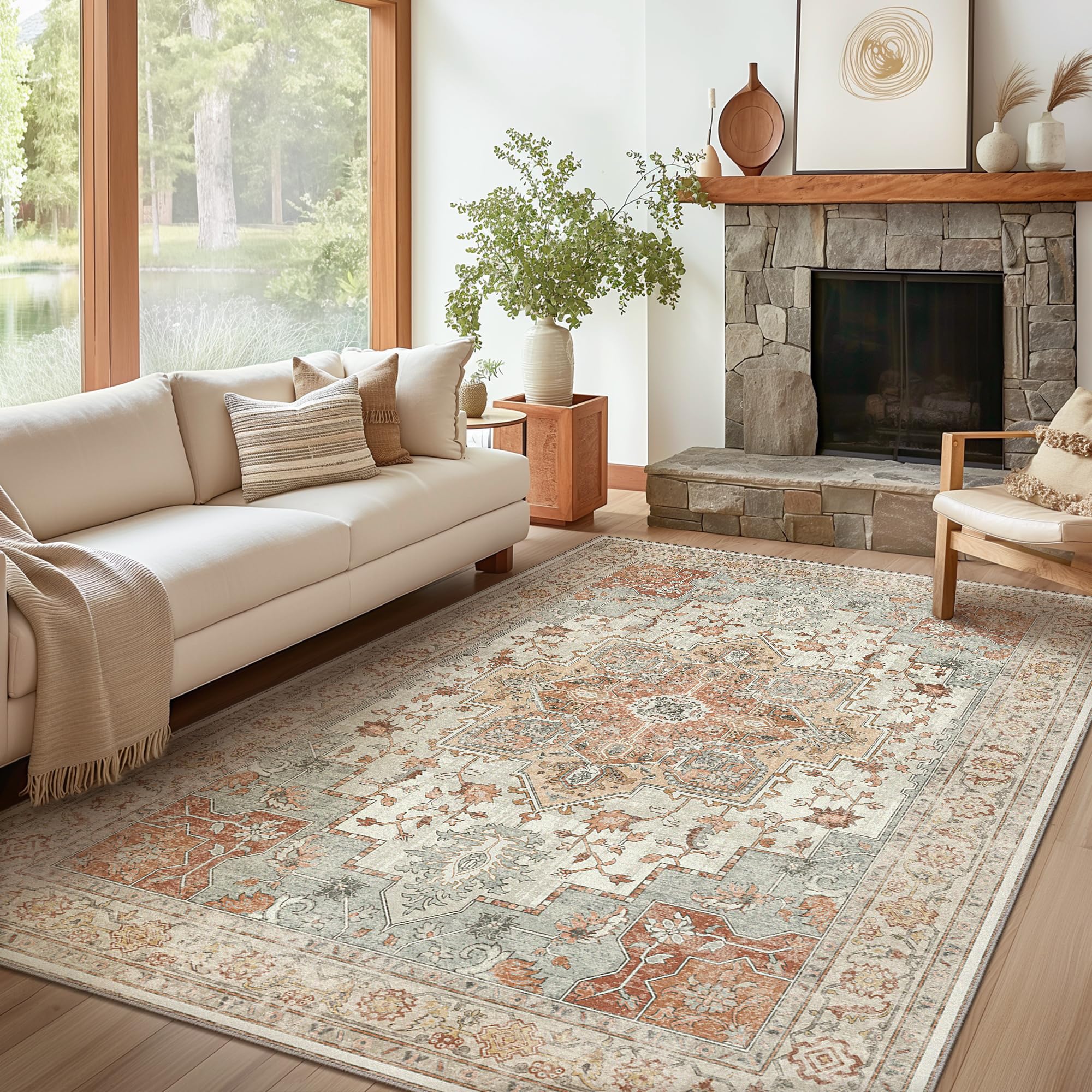 GENIMO 7'6"x9'6” Area Rugs for Living Room, Machine Washable Non Slip Vintage Rugs, Low Pile Lightweight Chenille Print Rug for Bedroom, Dining Room,