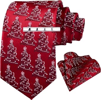 GUSLESON 3.15"8cm Christmas Tie Festival Necktie Pocket Square and Tie Clip Set with Gift Box