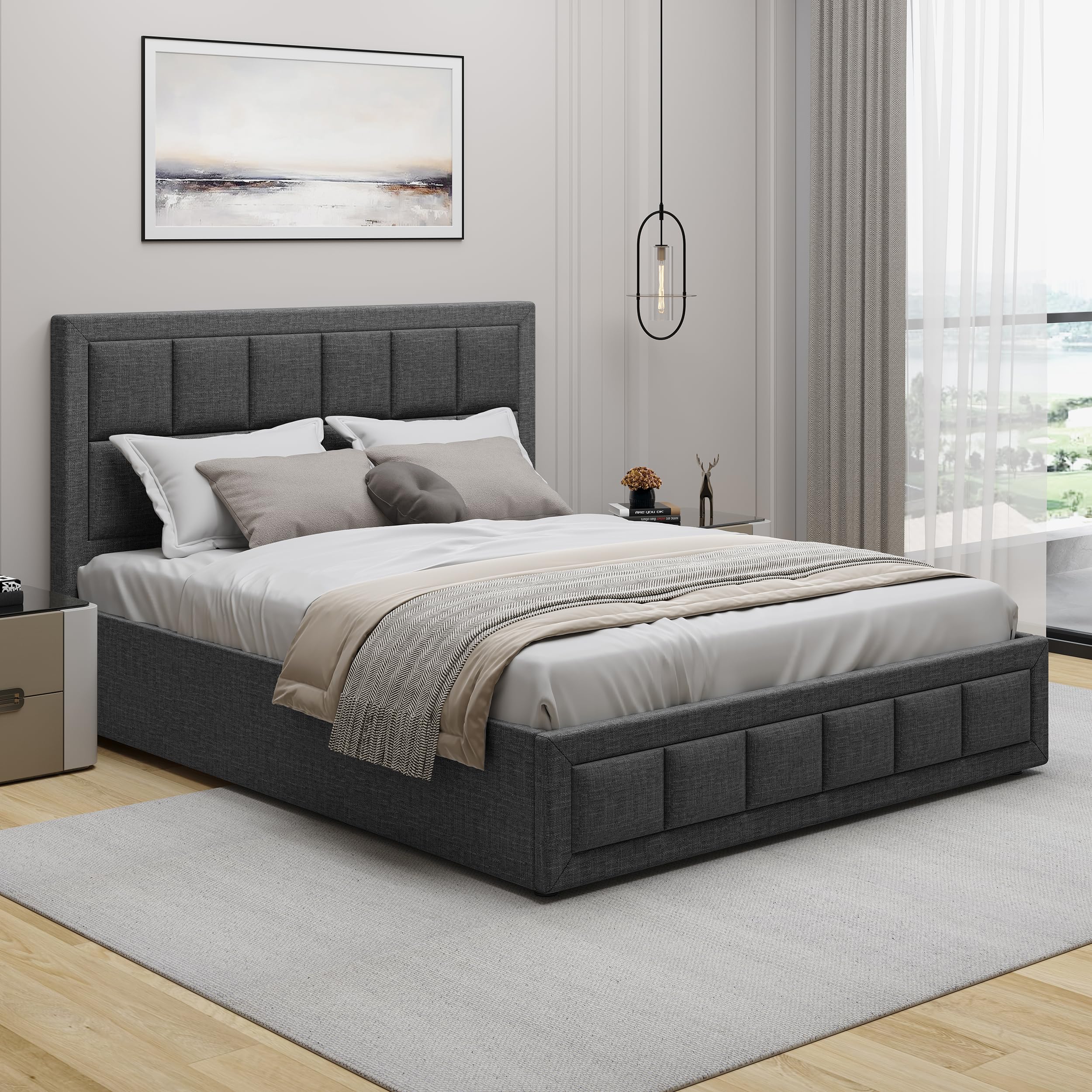Blisswood Ottoman Bed, Upholstered 4ft6 Double Bed with Storage, Gas Lift End Opening Wooden Slats, Sturdy & Noise Free Velvet Beds, No Box Spring Needed, Size-204L x 145W CM, Dark Grey, Double