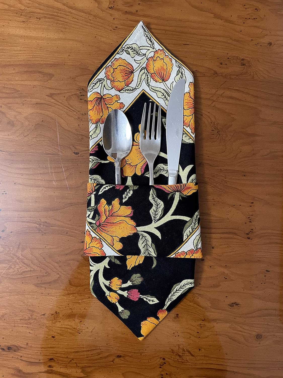India Arts French Floral Table Linens Set, 100% Cotton, Table Runner 72", Place Mats Set of 6 13x19, Napkins Set of 6 19x19, Amber on Black