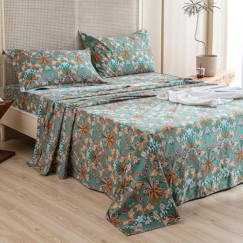 Miniatura 8 de Lady Ann Juego de sábanas 100% algodón floral tamaño King con bolsillo profundo, vibrantes flores Paisley impresas en patrón verde, sábanas de cama
