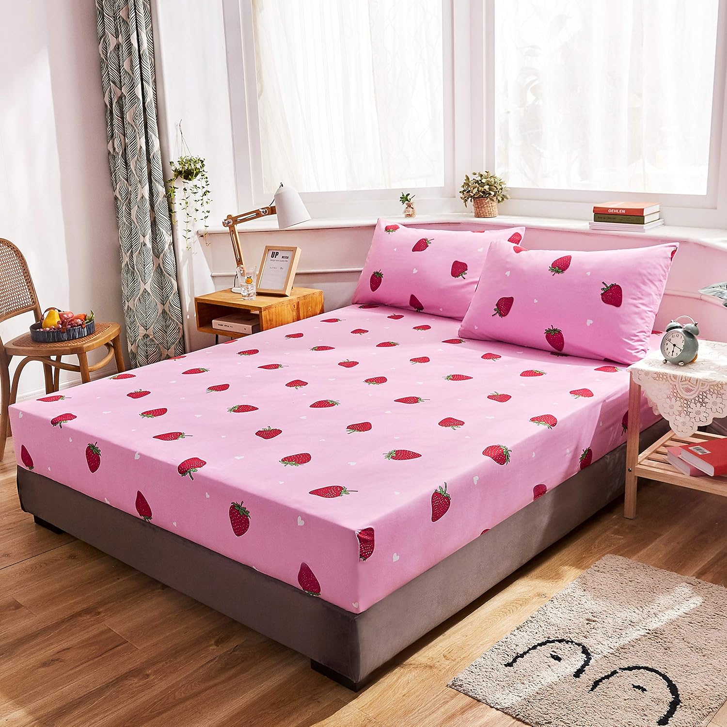 LAMEJOR Pink Bed Sheet Set Twin Size Kawaii Red Strawberry Pattern with 14” Deep Pockets 4 Piece - 1 Flat Sheet, 1 Fitted Sheet, 2 Pillow Cases