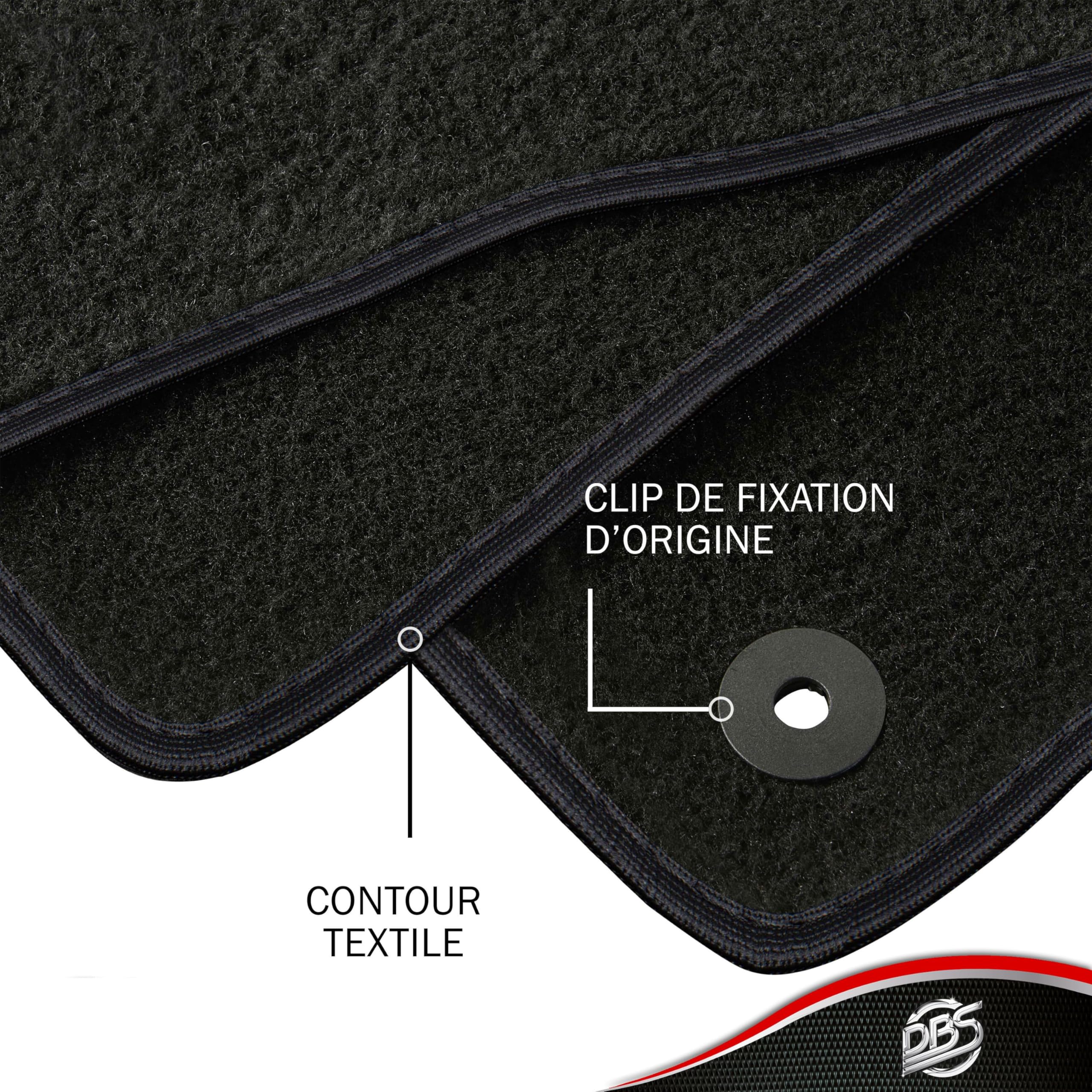 DBS - Tapis de Voiture sur Mesure - Adapté à Votre Peugeot 206 / 206SW / 206+ (09/1998-12/2014) - Antidérapant : Clips de Fixations et Scratch - Tapis de Sol 4 pièces - Moquette - Noir