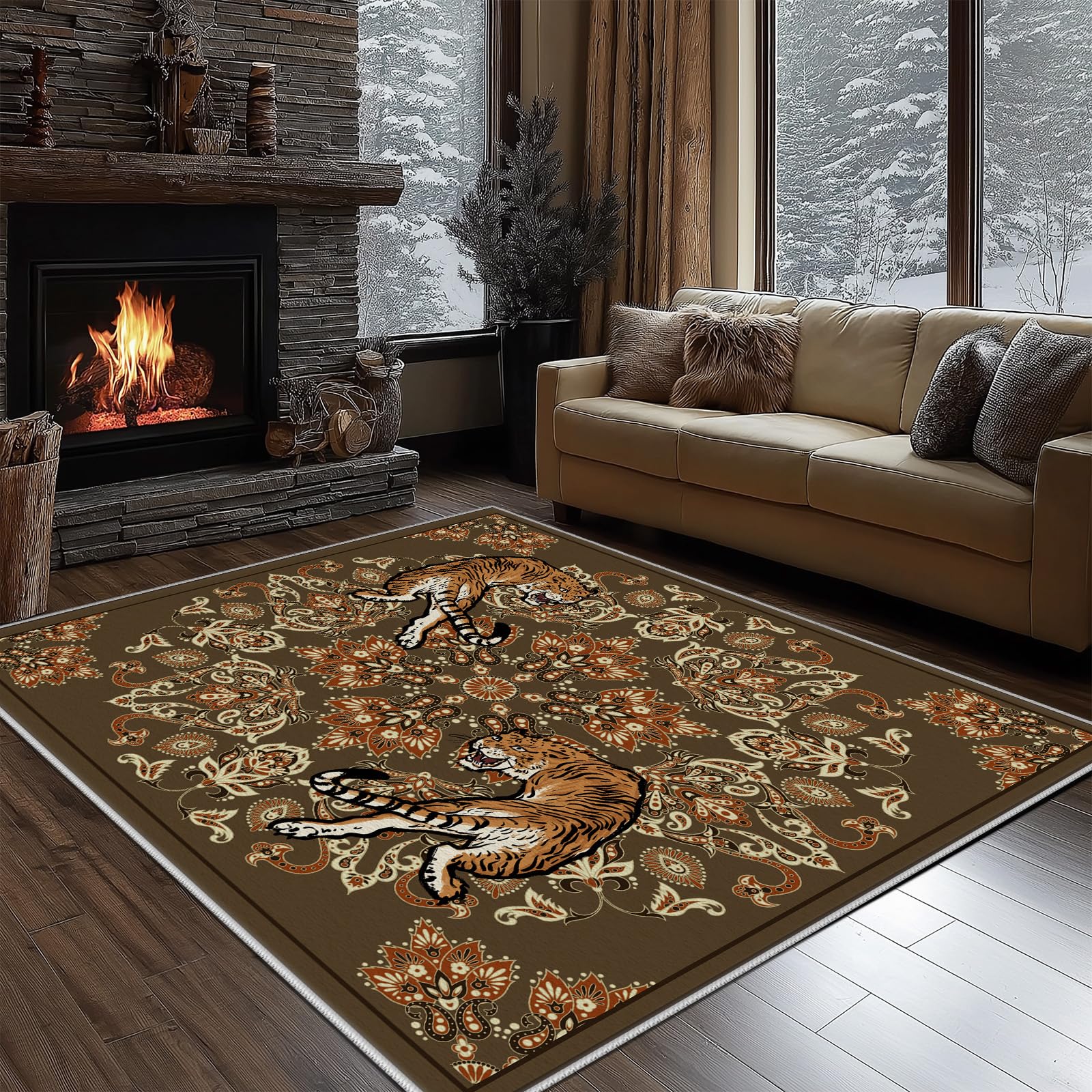 Tapis de salon lavable en machine et antidérapant motif tigre