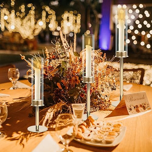 Miniatura 8 de Juego de 3 portavelas dorados, juego de portavelas estriado, alto, grande, largo, para huracán, decorativo, de metal, para bodas, fiestas,