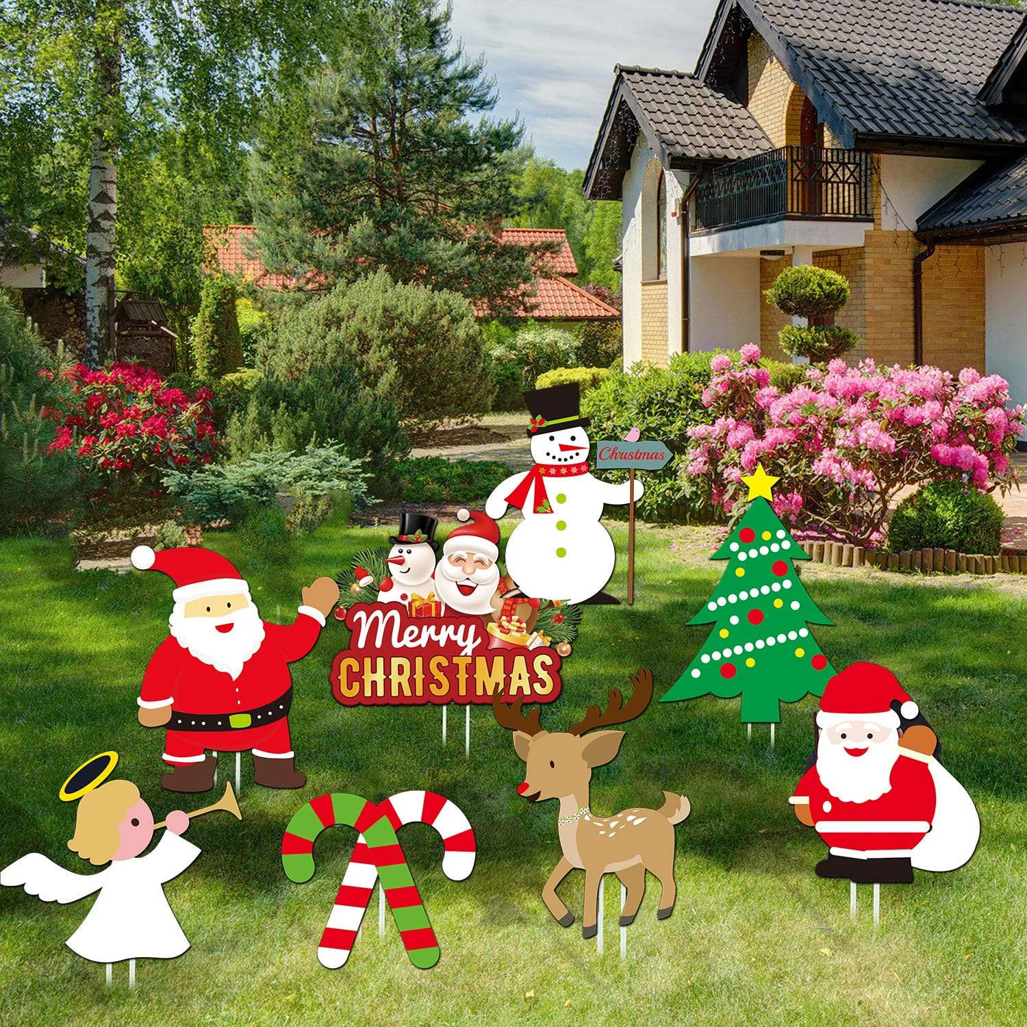 Pack of 8 Multi-Colored Christmas Yard Signs with Stakes for Outdoor Holiday Decorations