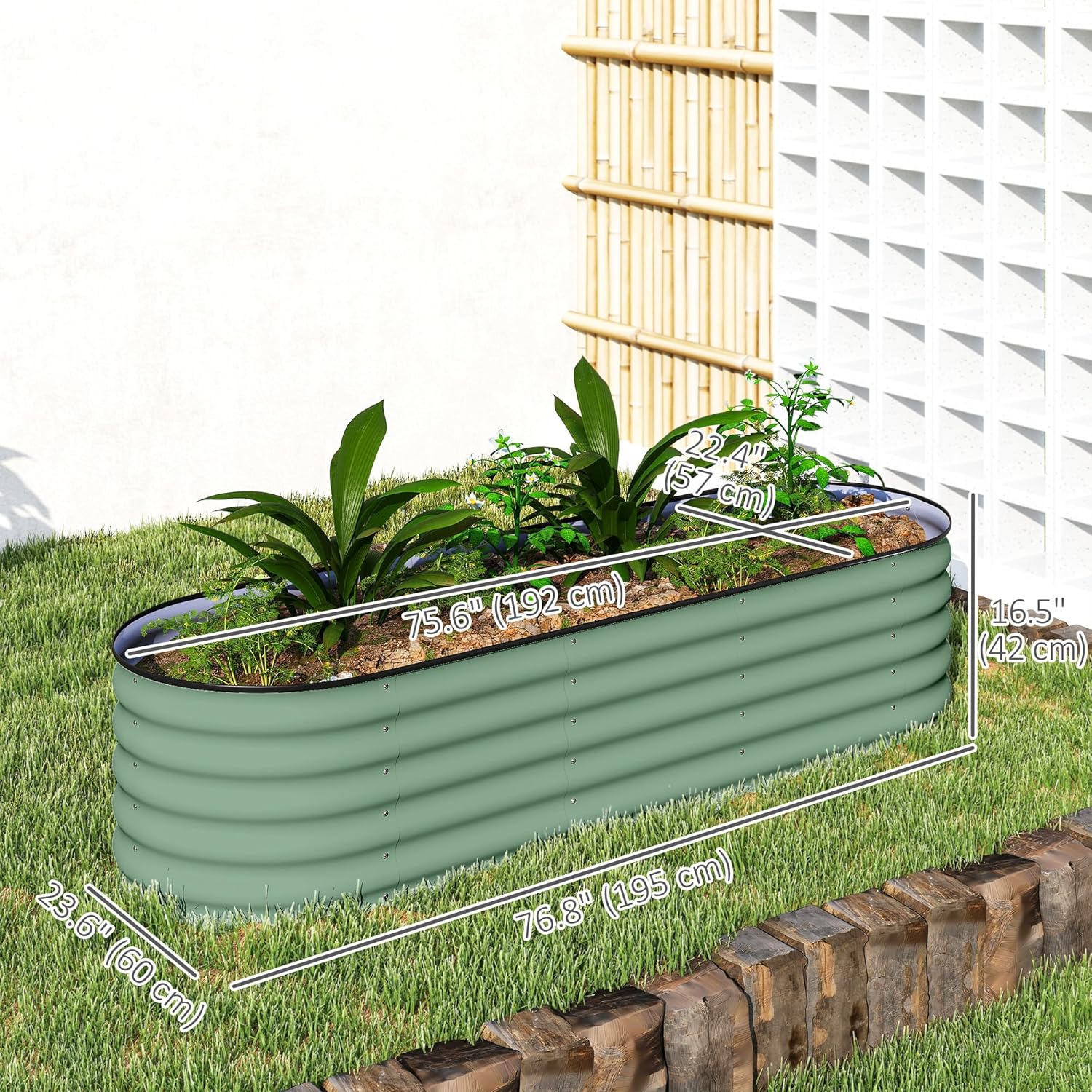 Outsunny 6.5' x 2' x 1.4' Galvanized Raised Garden Bed Kit, Outdoor Metal Elevated Planter Box with Safety Edging, Easy DIY Stock Tank for Growing Flowers, Herbs & Vegetables, Green