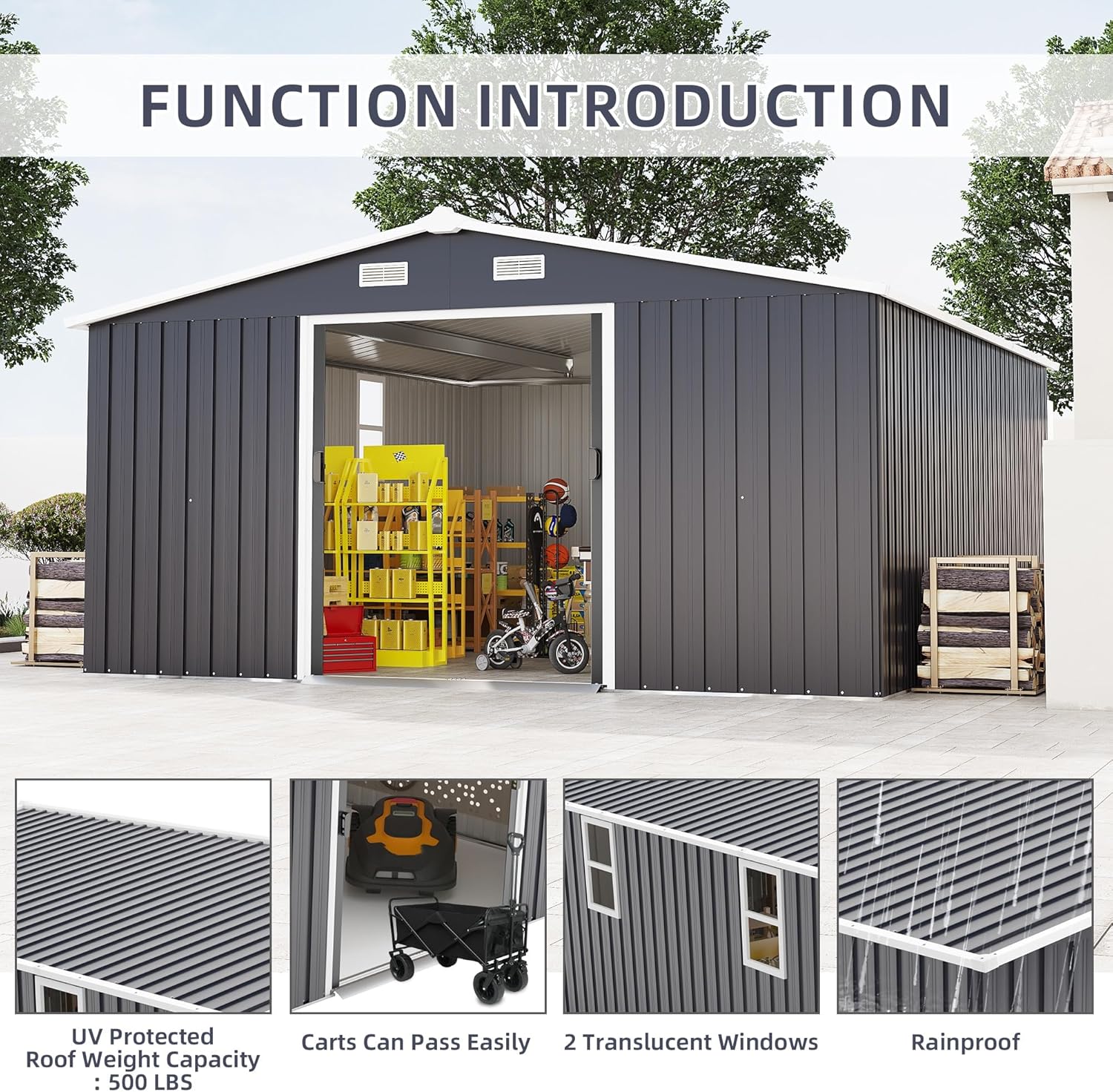 Outdoor Storage Shed, 10 x 12 FT Waterproof Outside Tool Shed with Windows, Modern Extra Large Organization and Storage Metal Container House for Backyard, Patio, Dark Gray