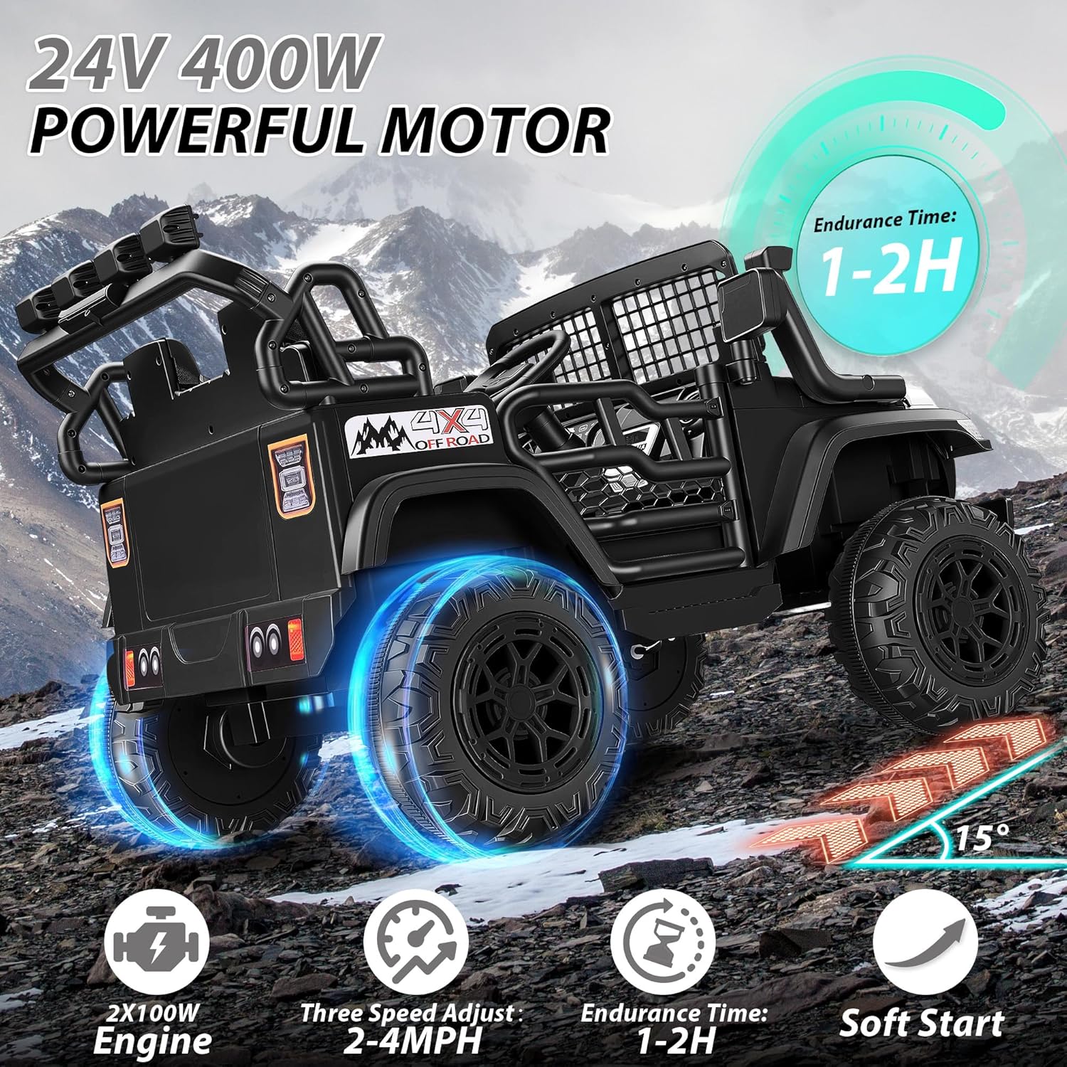 Hikole 24V Kids Ride on Car, 2 Seater Kids Electric Car w/Remote Control, 3 Speed, Music, Spring Suspension, LED Light, Ride on Toys for Boys Girls, Black