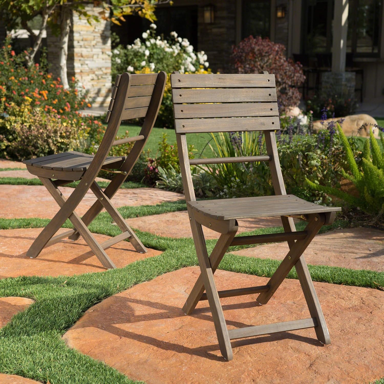 Outdoor Folding Chairs (Set of 2): Acacia Wood Patio Seating for Boutique Guesthouses & Vacation Rentals - Rustic Grey Dining Chairs with Weather-Resistant Finish & No Assembly Required