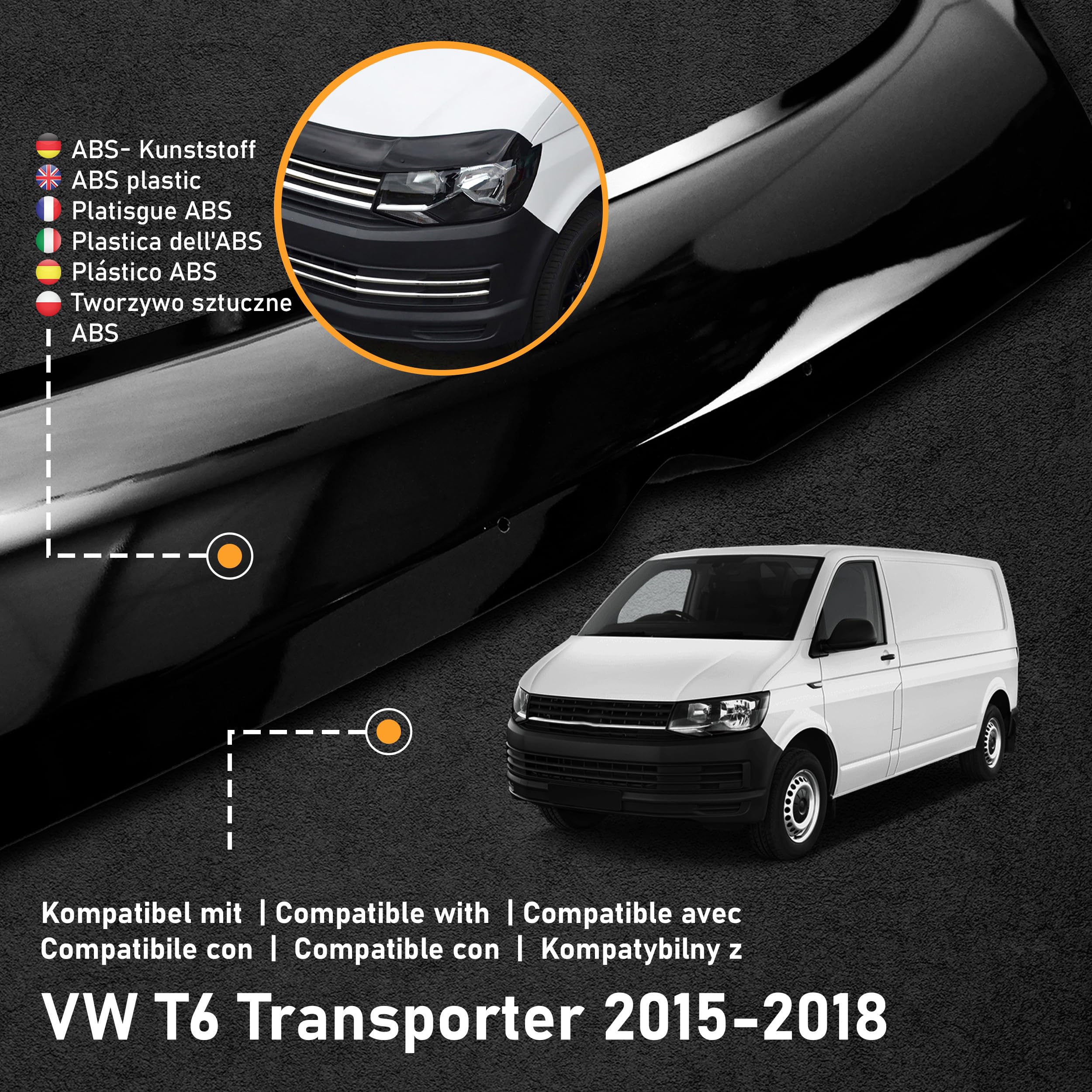 CHROMEMASTER | Akcesoria Samochodowe; Ochrona Przed Kamieniami; Osłona Maski Auta | Kompatybilna z VW T6 Transporter 2015-2018 | Czarne Tworzywo ABS | Deflektor Chroni Maskę Przed Uszkodzeniem