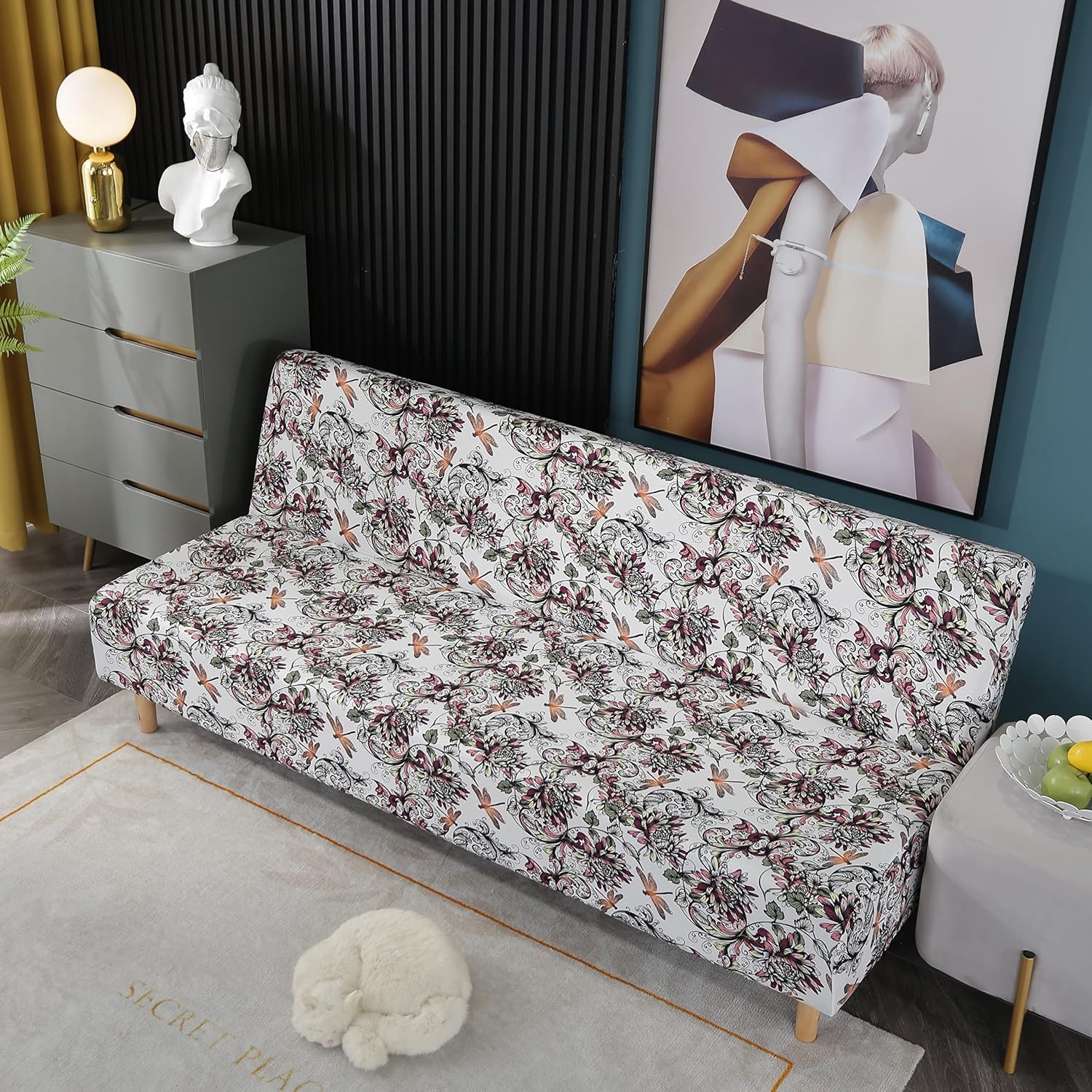 Beacon Pet Printed Futon Cover Stretch Sofa Bed Slipcovers Full Twin Queen Size Armless Couch Loveseat Protector Covers with Elastic Bottom for Living Room Bedroom Furniture (Autumn Love)