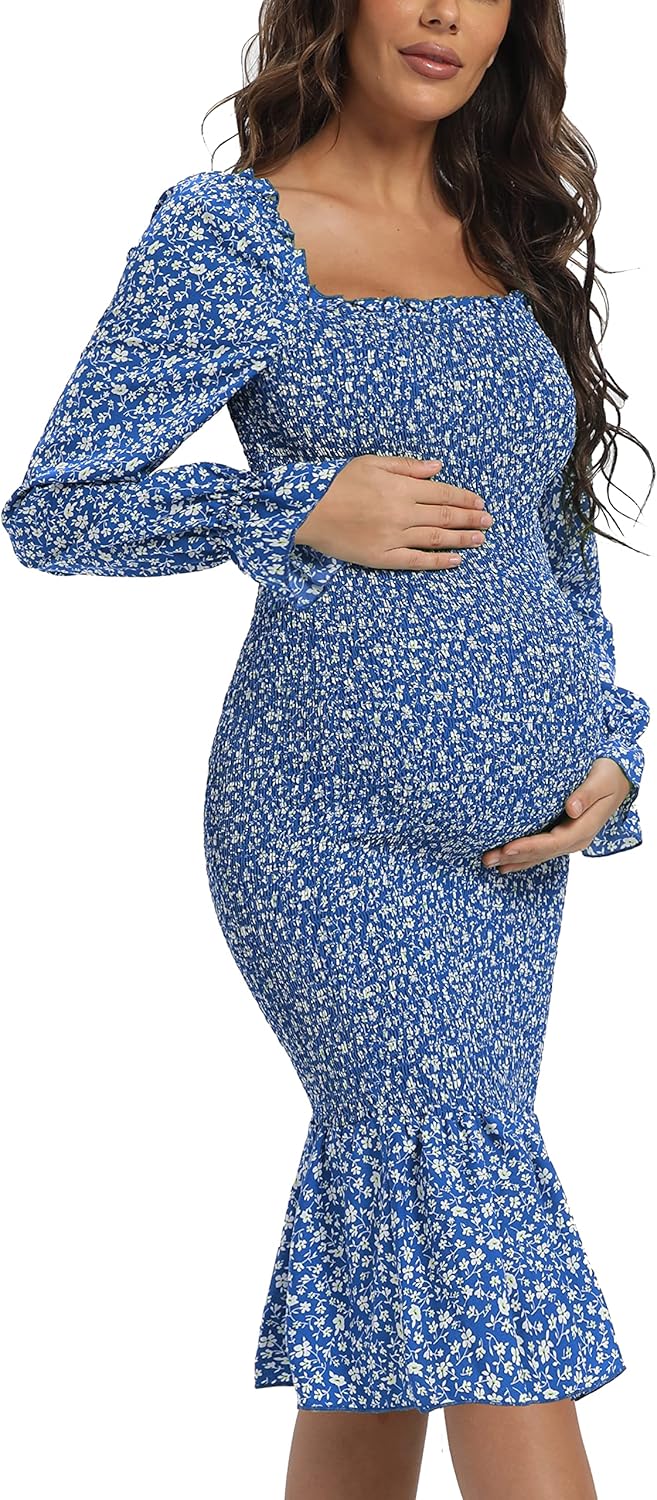 Maternity Fall Floral Midi Bodycon Dresses, Long Puff Sleeve Square Neck Ruffle Hem Mermaid Baby Shower Dress Blue M - Image 2