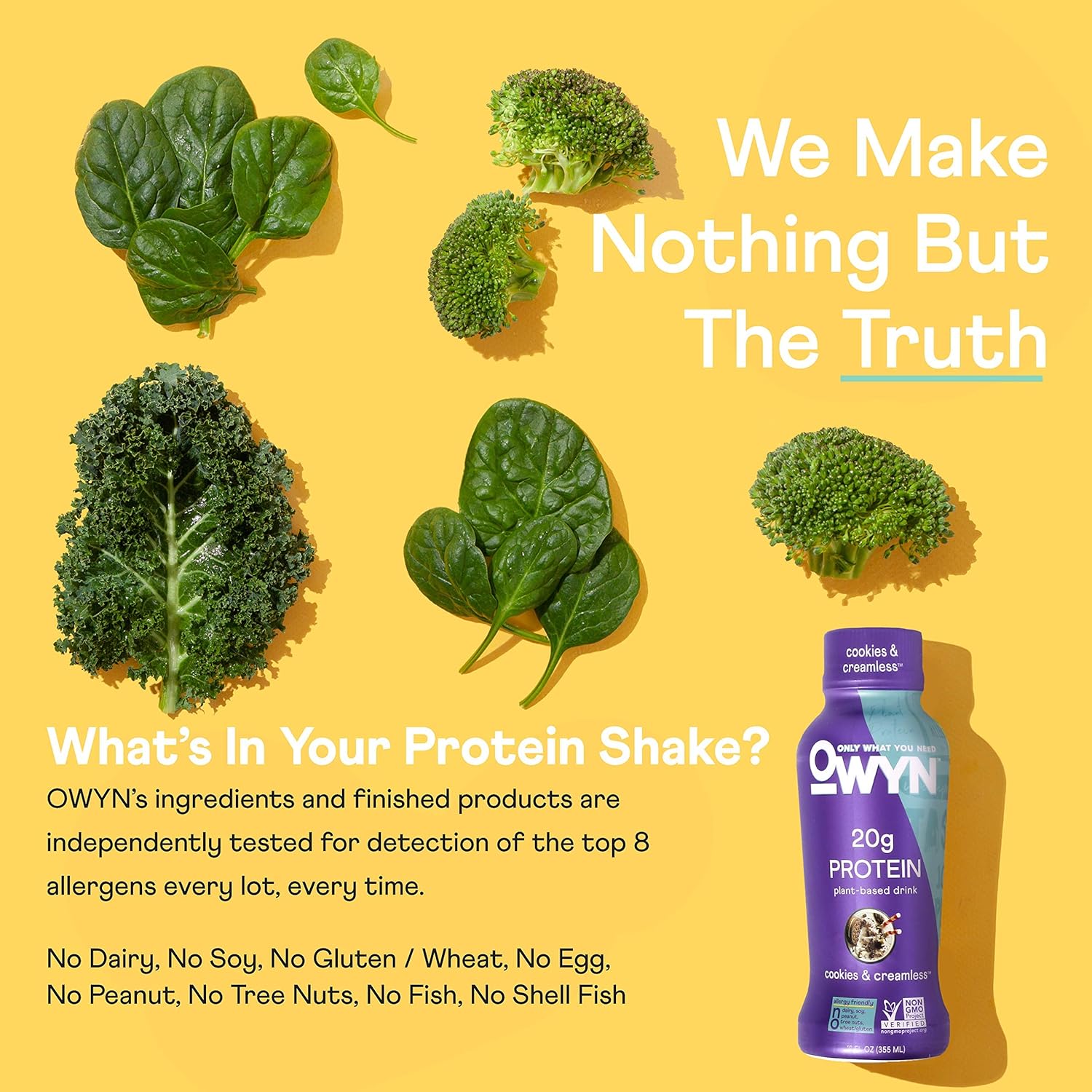 OWYN Only What You Need Plant Based Protein Shake, 20g Vegan Protein from Organic Pumpkin Seed, Flax, Pea Blend, Prebiotic Supplement, Superfood Greens, Gluten & Soy-Free (Cookies & Creamless)
