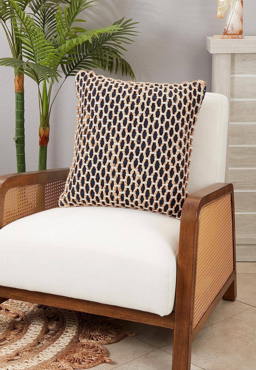 SARO LIFESTYLE Rope Design Throw Pillow with Down Filling, Ivory, 18"