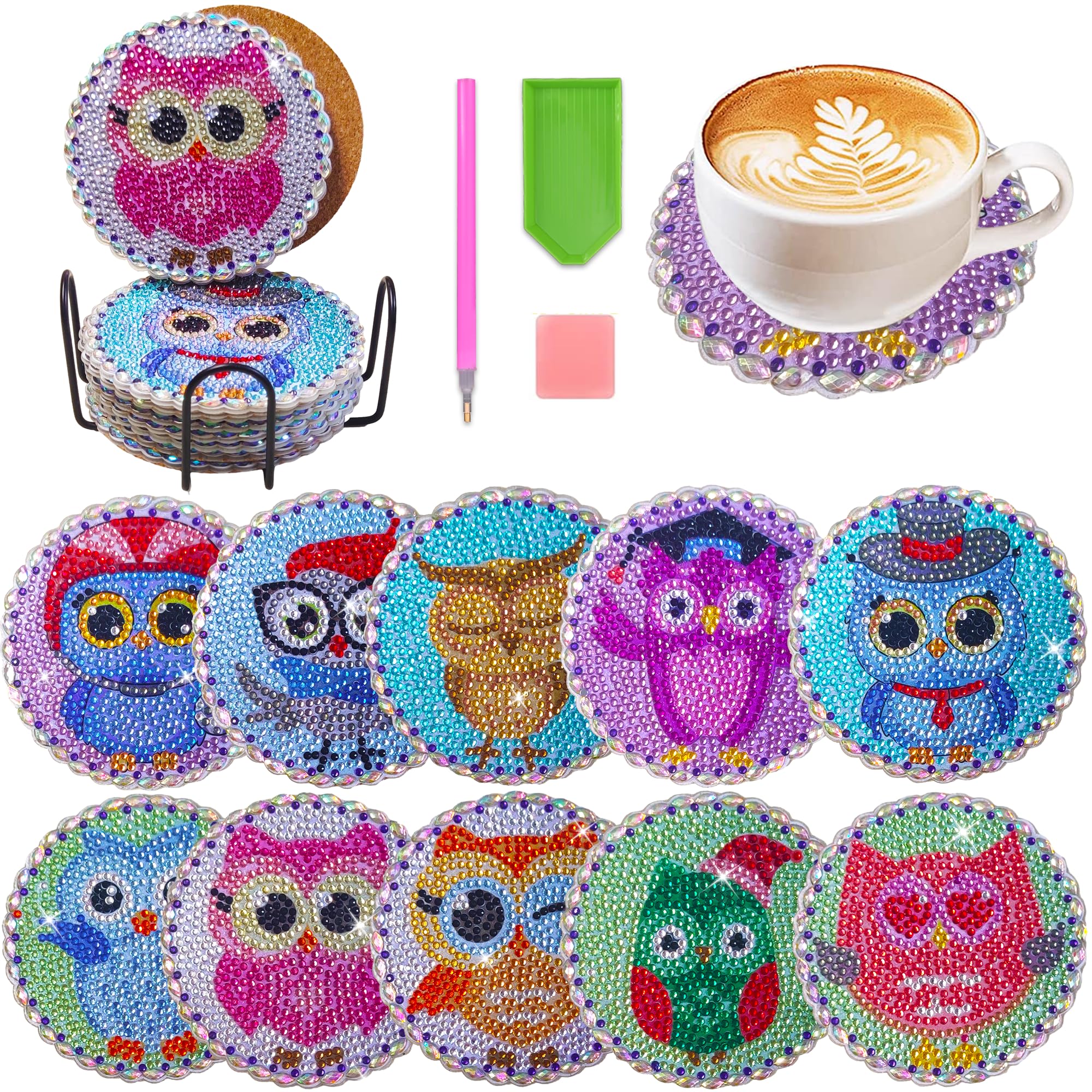 TIPGOUP10 Pcs Diamond Art Coasters Owl Diamond Art Coasters Kits Acrylic 5D DIY Diamond Dots Coasters Kits with Holder for Adults Beginners Diamond Art Presents