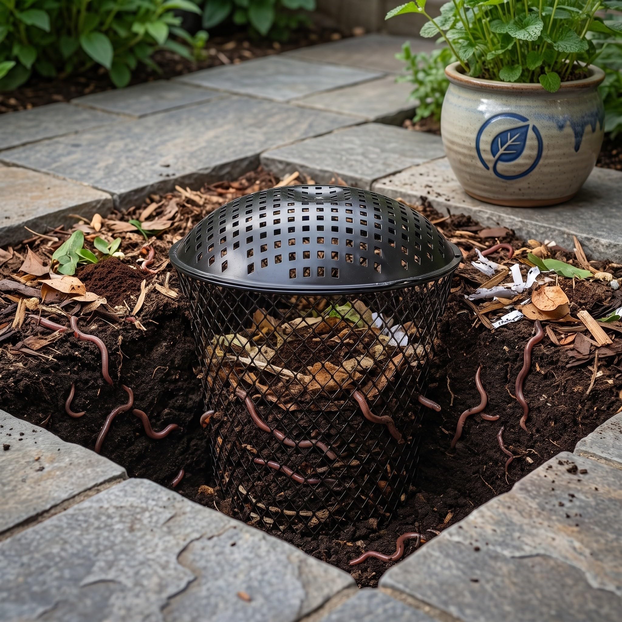 Contenitore per Compost in Ferro Nero con Coperchio a Rete