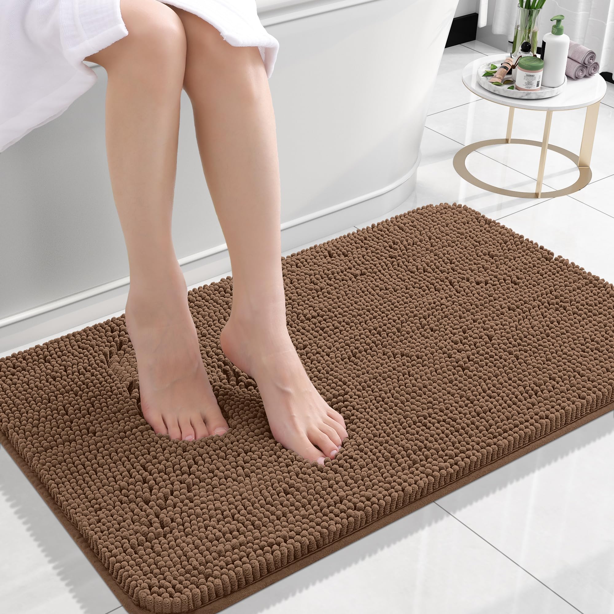 OLANLY Small Bathroom Rugs 24x16, Extra Soft Absorbent Chenille Bath Rugs, Rubber Backing Quick Dry, Machine Washable Bath Mats for Bathroom Floor, Tub and Shower, Home Decor Accessories, Mocha | Mocha, Quick-Drying Rubber Backing, Machine Washable Bath Mat for Bathroom Floor, Tub and Shower, Home Decor Accessories