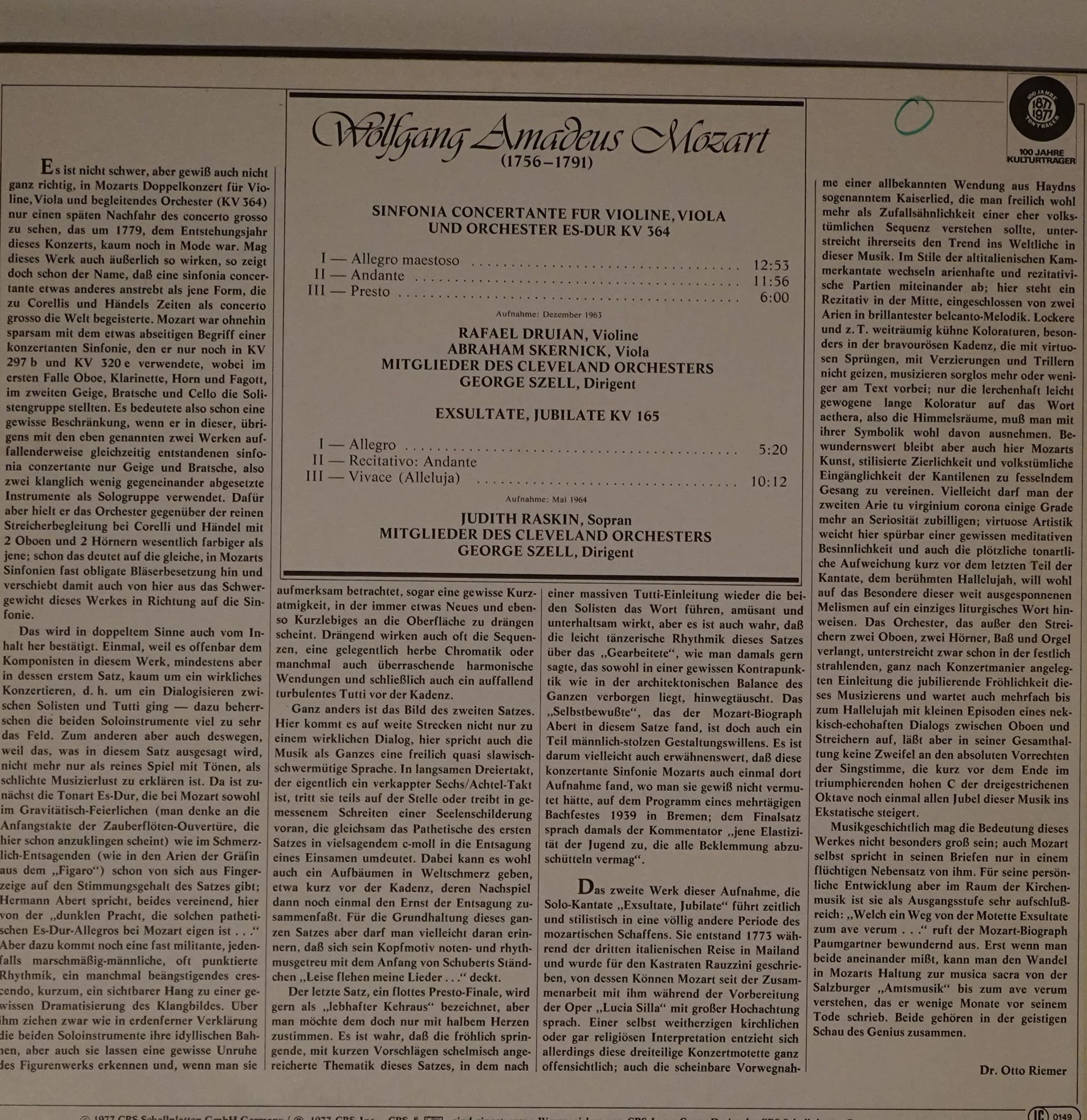 MOZART Sinfonia concertante, KV 364; Exultate, Jubilate KV 165--MOZART Wolfgang Amadeus (Austria)-Cleveland Orchestra; Esecutori vari; RASKIN Judith (soprano); SZELL George (dir - pianoforte)-CBS-CBS 61797