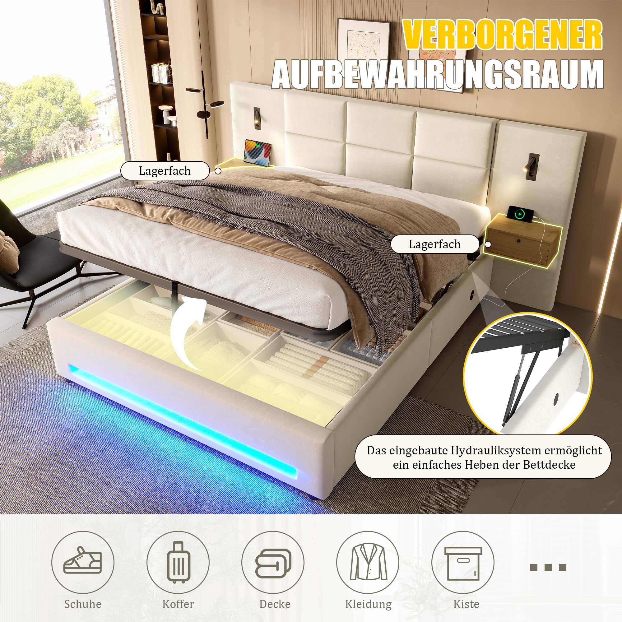 Łóżko tapicerowane 180 x 200 cm, hydrauliczne łóżko do przechowywania z lampką nocną LED, łóżko młodzieżowe ze złączami USB-C, podwójne łóżko z metalową ramą, łóżko do sypialni (bez materaca