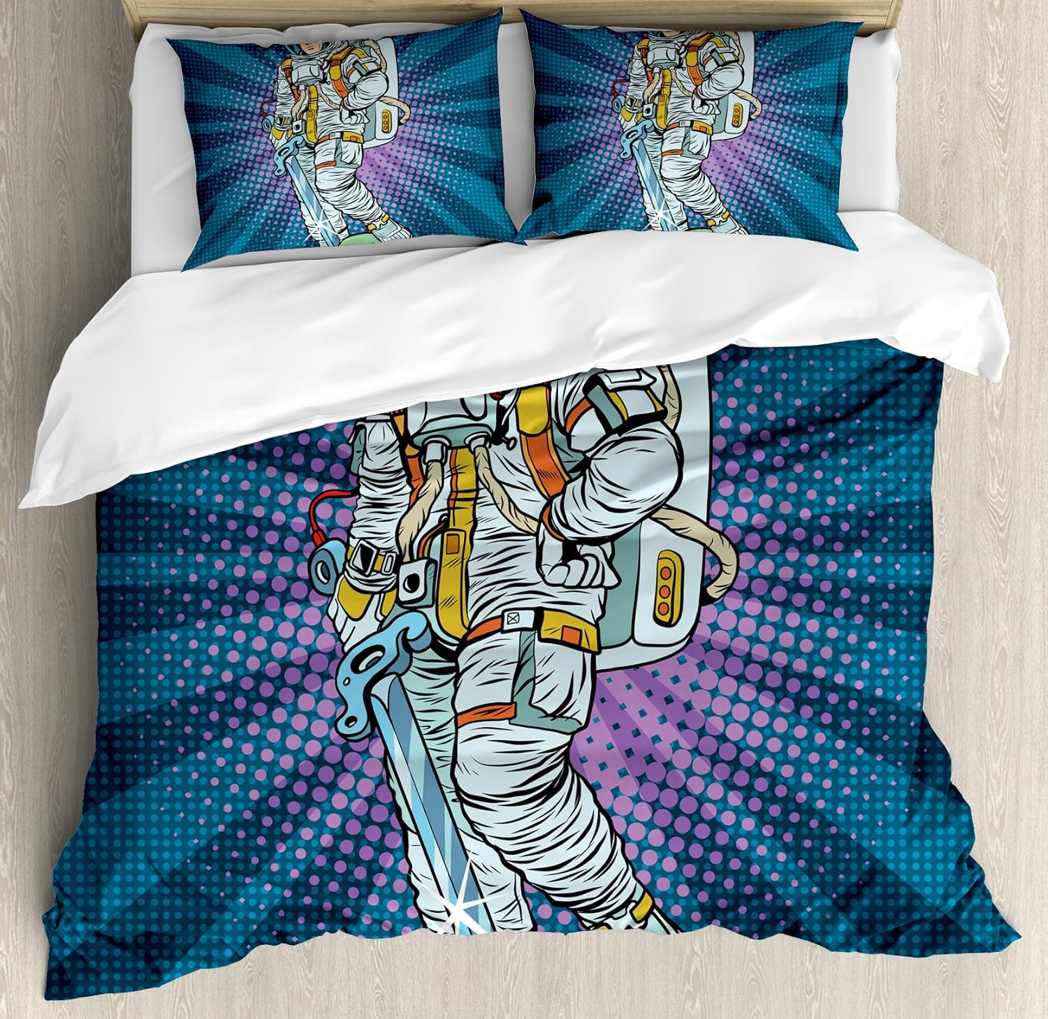 Ambesonne Astronaut Duvet Cover Set, Galaxy and Severed Alien Head Masculine Space Era Fighters Design, Decorative 3 Piece Bedding Set with 2 Pillow Shams, Queen Size, Teal and Coconut