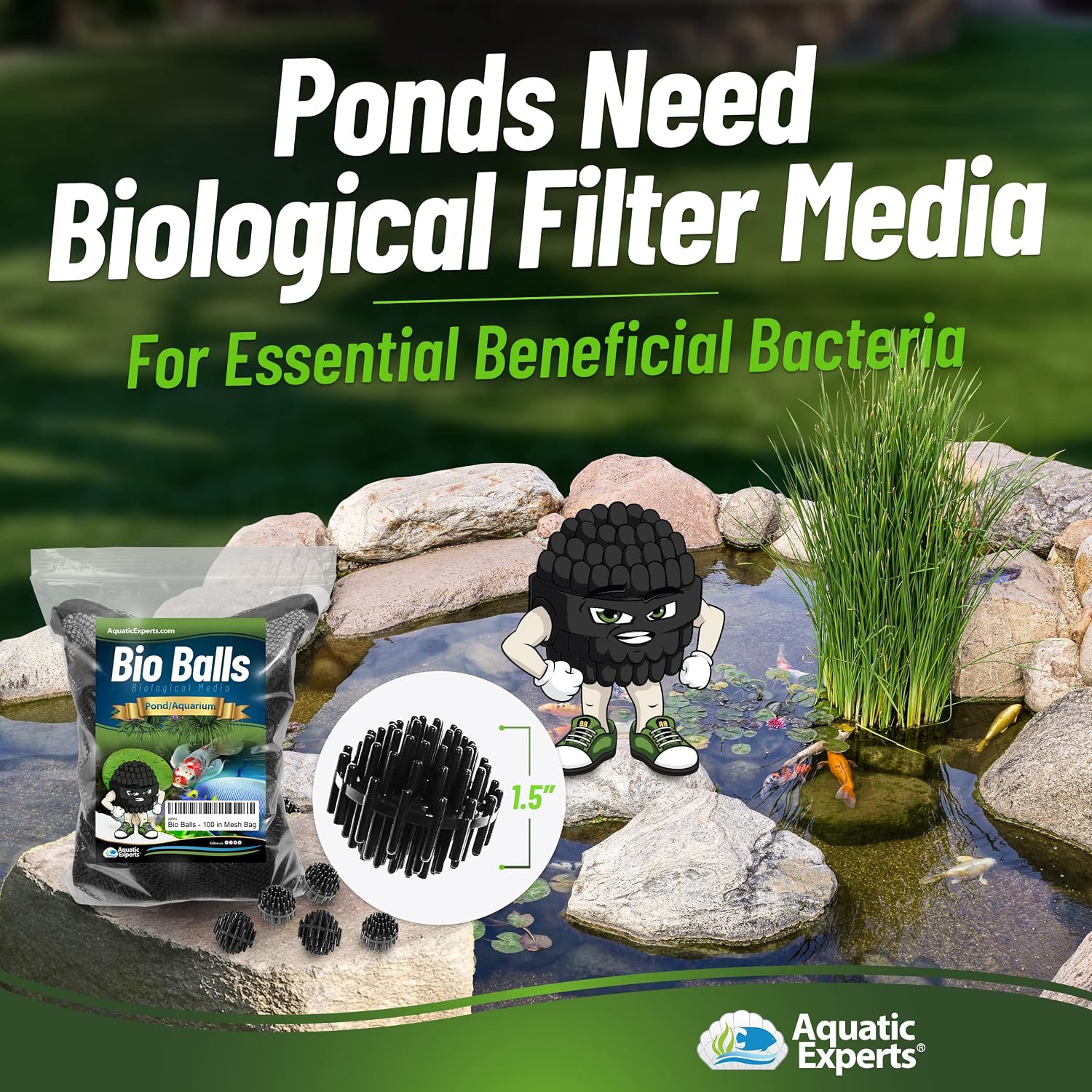 Aquatic Experts Bio Balls Filter Media Bulk - 1.5 Inch Bio Balls for Pond Filter - Bio Balls Large for Pond Filter Media – Bio Balls for Aquarium Filter (100 Count with Mesh Bag)