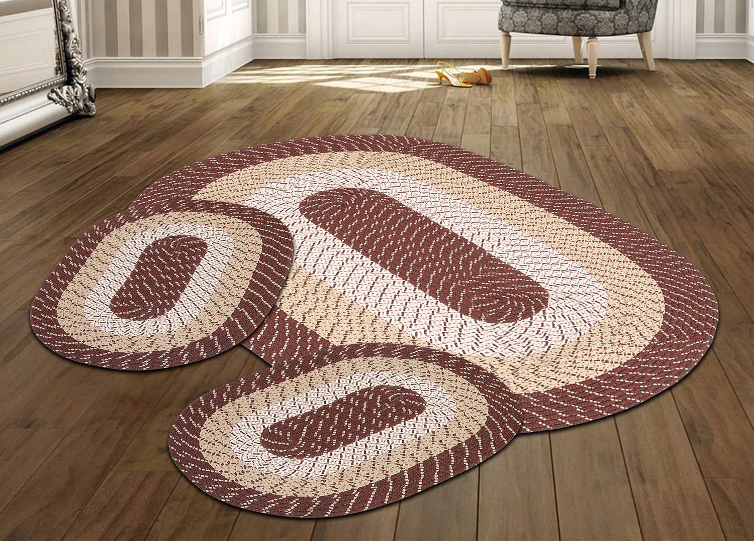 Better Trends Country Braid Collection 3 Piece Set Durable & Stain Resistant Reversible Indoor Oval Area Rug 100% Polypropylene in Vibrant Colors, 20"x30"/20"x30"/24"x72", Natural Blue Stripe
