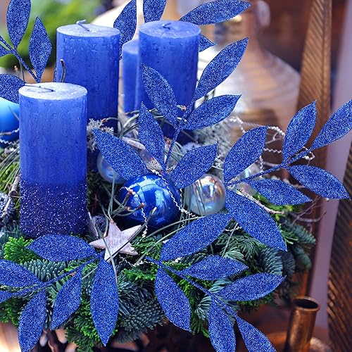Miniatura 5 de Winlyn 40 piezas de aerosoles de hojas de laurel con purpurina azul artificial para árbol de Navidad de 12.7 pulgadas de alto para árbol de Navidad