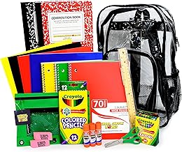 School Supply Boxes | 17" Clear Backpack Bundle for Elementary School | Back to School Bookbag with Supplies | Contains Crayons, Colored Pencils, Ruler, Disappearing Glue, Notebooks, & More