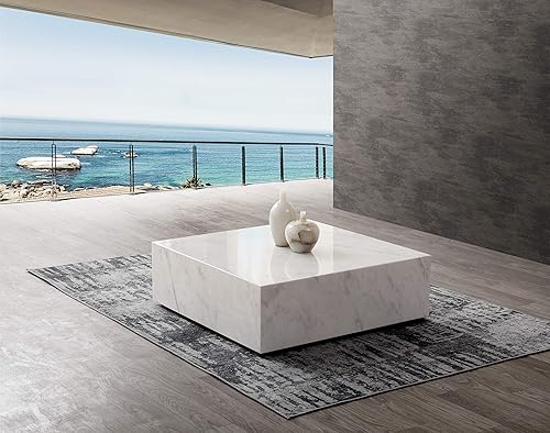 Whiteline Modern Living Mesa de centro cuadrada de mármol brillante con ruedas color negro