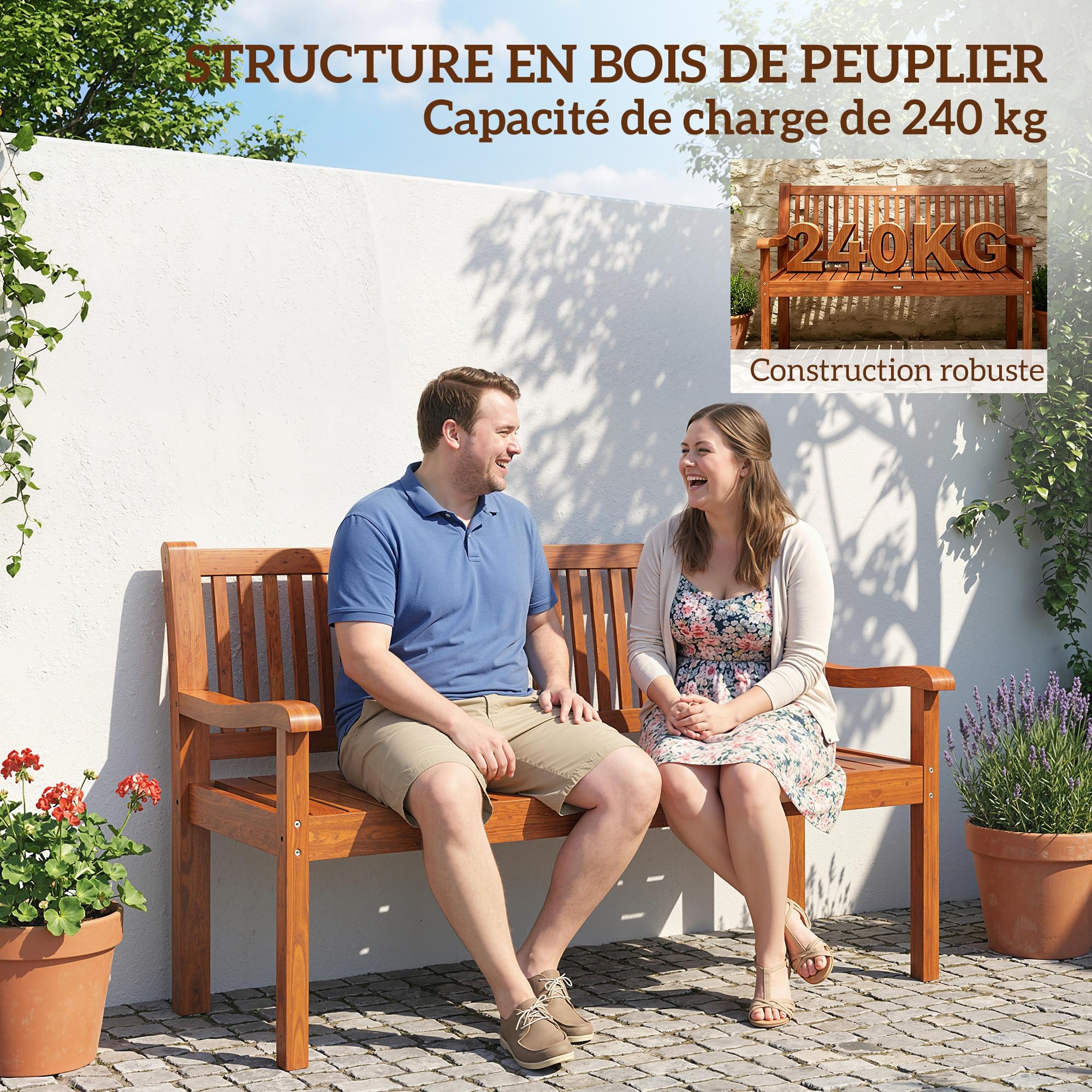 Outsunny Banc de Jardin 2 Places, Banc Extérieur en Bois avec Housse Imperméable, Siège de Jardin avec Dossier Ergonomique, Mobilier pour Terrasse, Balcon, Porch, Marron Clair