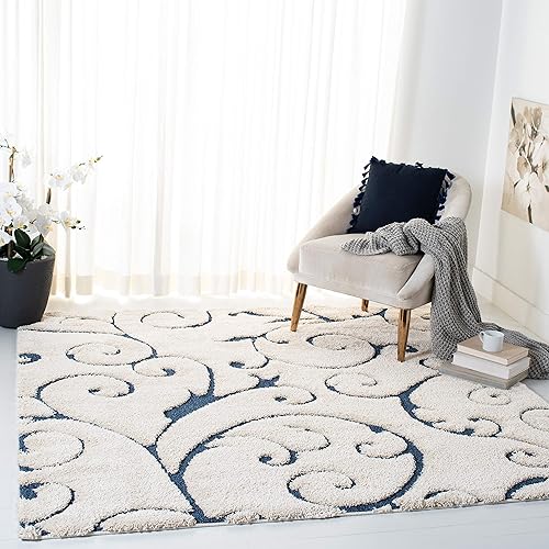SAFAVIEH Florida Shag Collection Area Rug - 9' Square, Cream & Blue, Scroll Design, Non-Shedding & Easy Care, 1.2-inch Thick Ideal for High Traffic Areas in Living Room, Bedroom (SG455-1165)