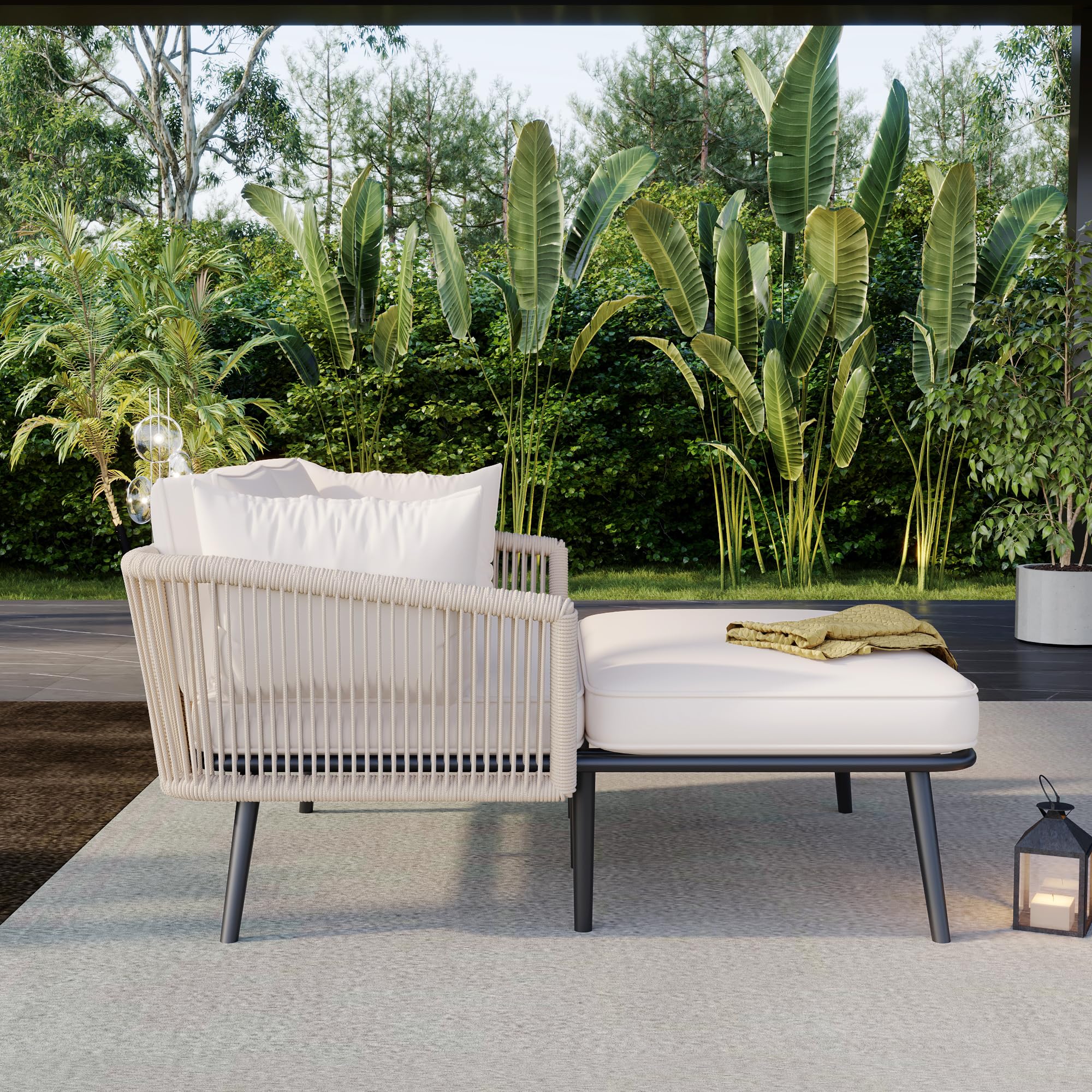 Merax Sonnenliege, Outdoor Gartenliege mit 2 Kissen und 2 Polster, Liegestuhl Garten mit abnehmbar und waschbar Kissen für Balkon Terrasse, Gartenlounge Set, Beige