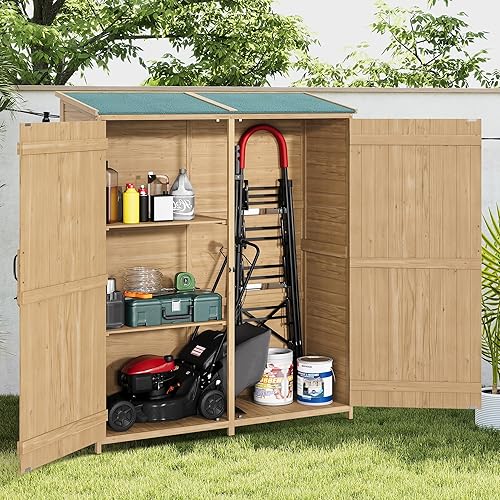 GarveeLife Wooden Storage Cabinet, Outdoor Tools Shed with Waterproof Roof/2 Removable Shelves/Double Lockable Doors, Outside Tall Tool Shed with Large Storage Space for Yard Garge Patio Lawn Porch