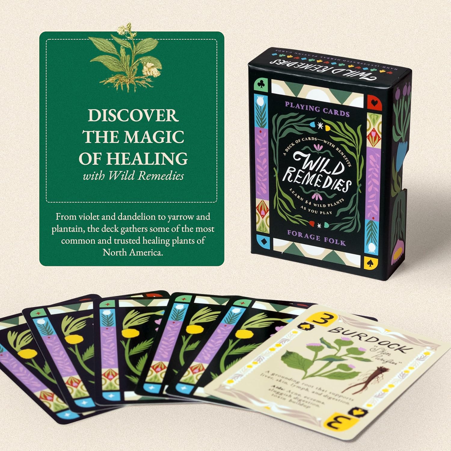 Wild Remedies Botanical Playing Cards for Nature Lovers & Collectors – Beautiful Playing Cards, Poker Deck Featuring 52 Hand-Illustrated Healing Herbs + Digital Booklet of 20 Classic Games