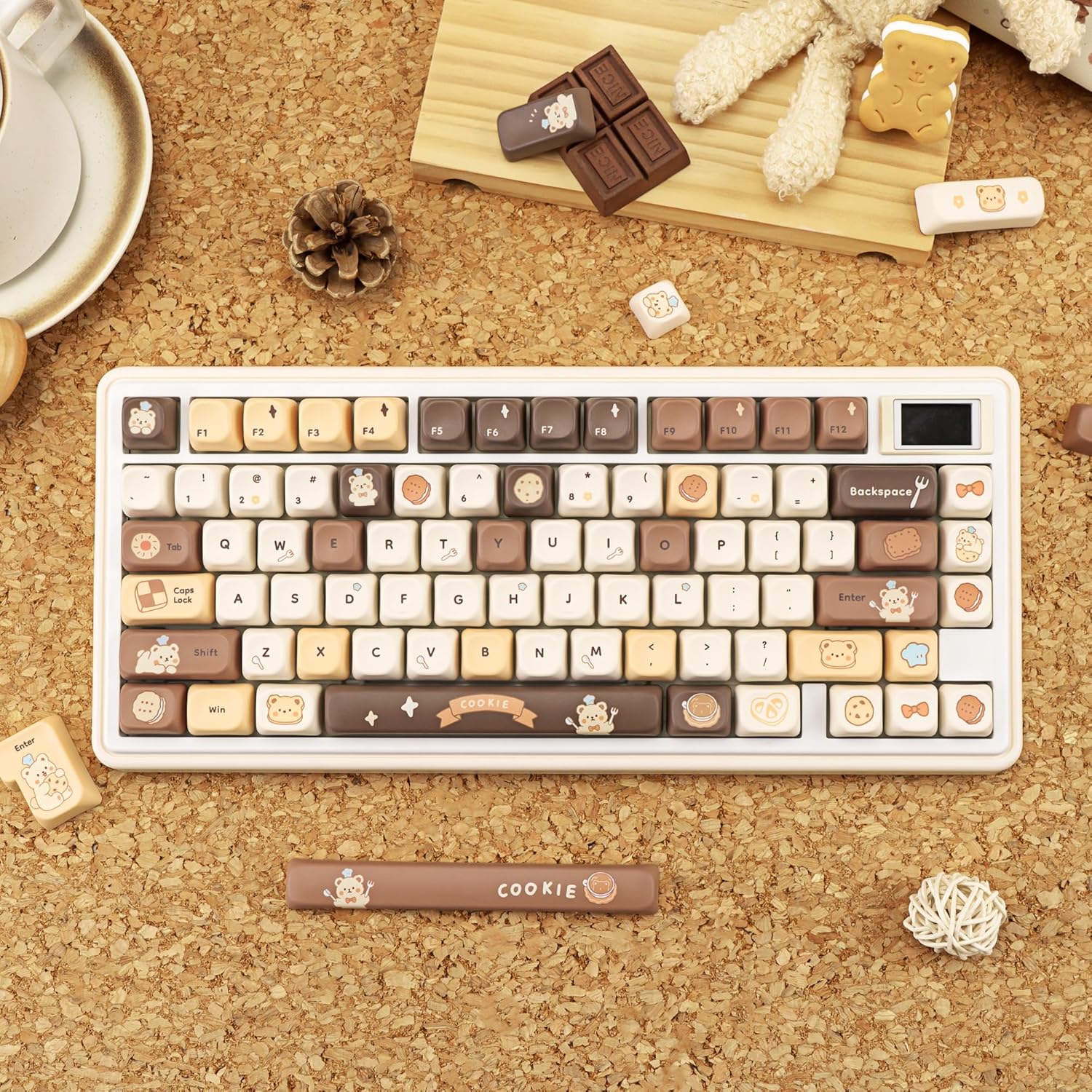 145 Keys Round Keycaps, Dye-Sublimation PBT Custom Keycap Set for FOA Profile, Brown Bear Theme Cute Keycaps for MX Switches Mechanical Gaming Keyboard